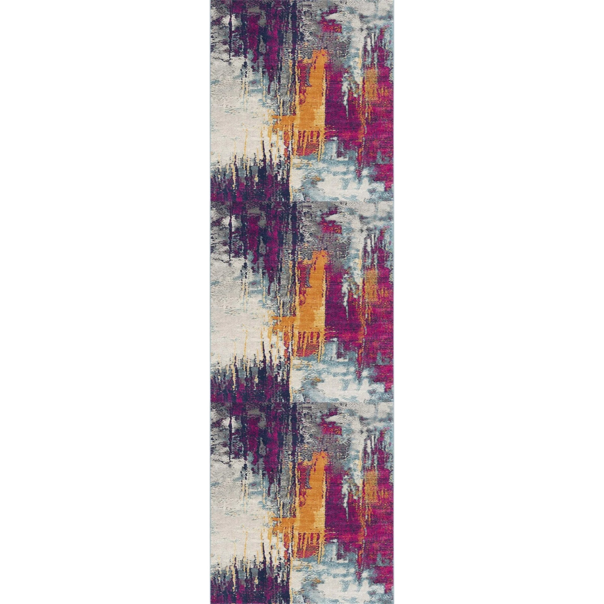 20' Gray Ivory And Magenta Abstract Runner Rug-Area Rugs-DECOROLALA