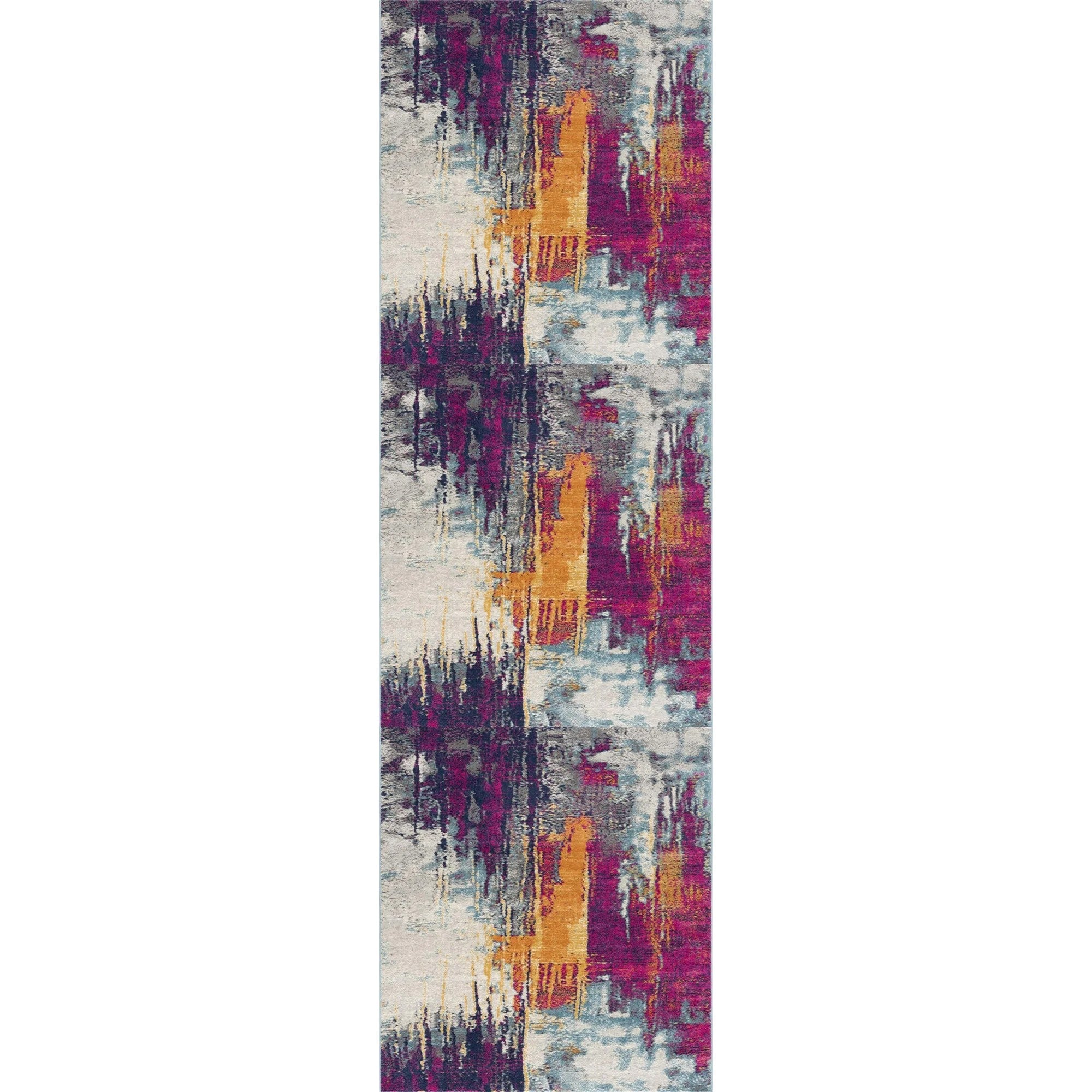 20' Gray Ivory And Magenta Abstract Runner Rug-Area Rugs-DECOROLALA