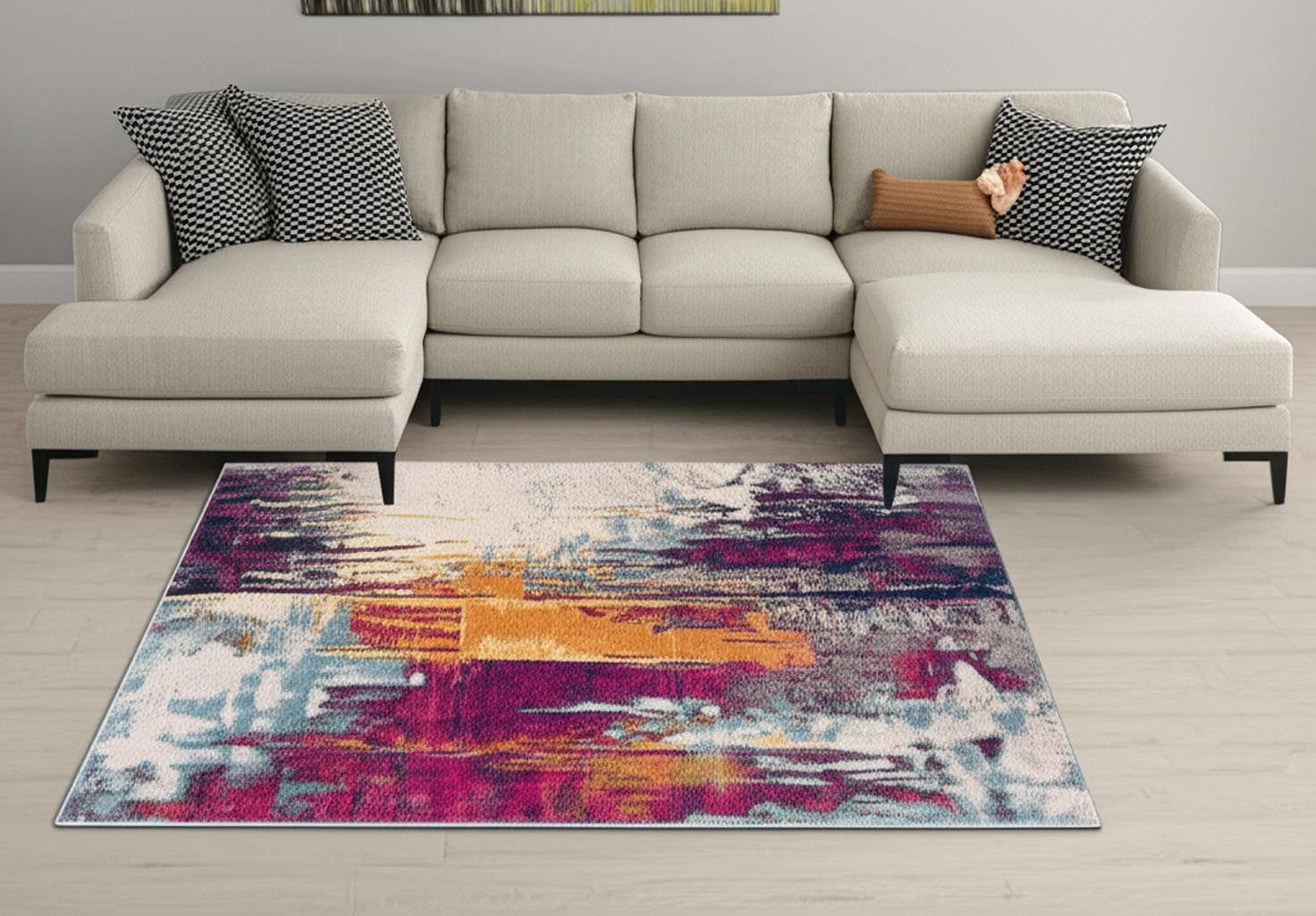 20' Gray Ivory And Magenta Abstract Runner Rug-Area Rugs-DECOROLALA