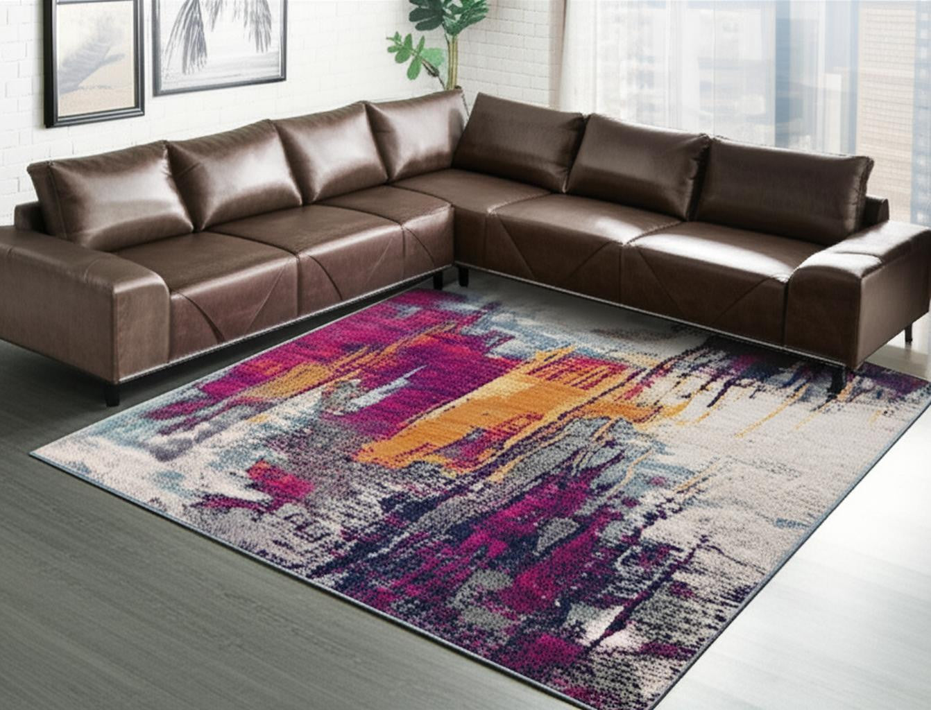 20' Gray Ivory And Magenta Abstract Runner Rug-Area Rugs-DECOROLALA