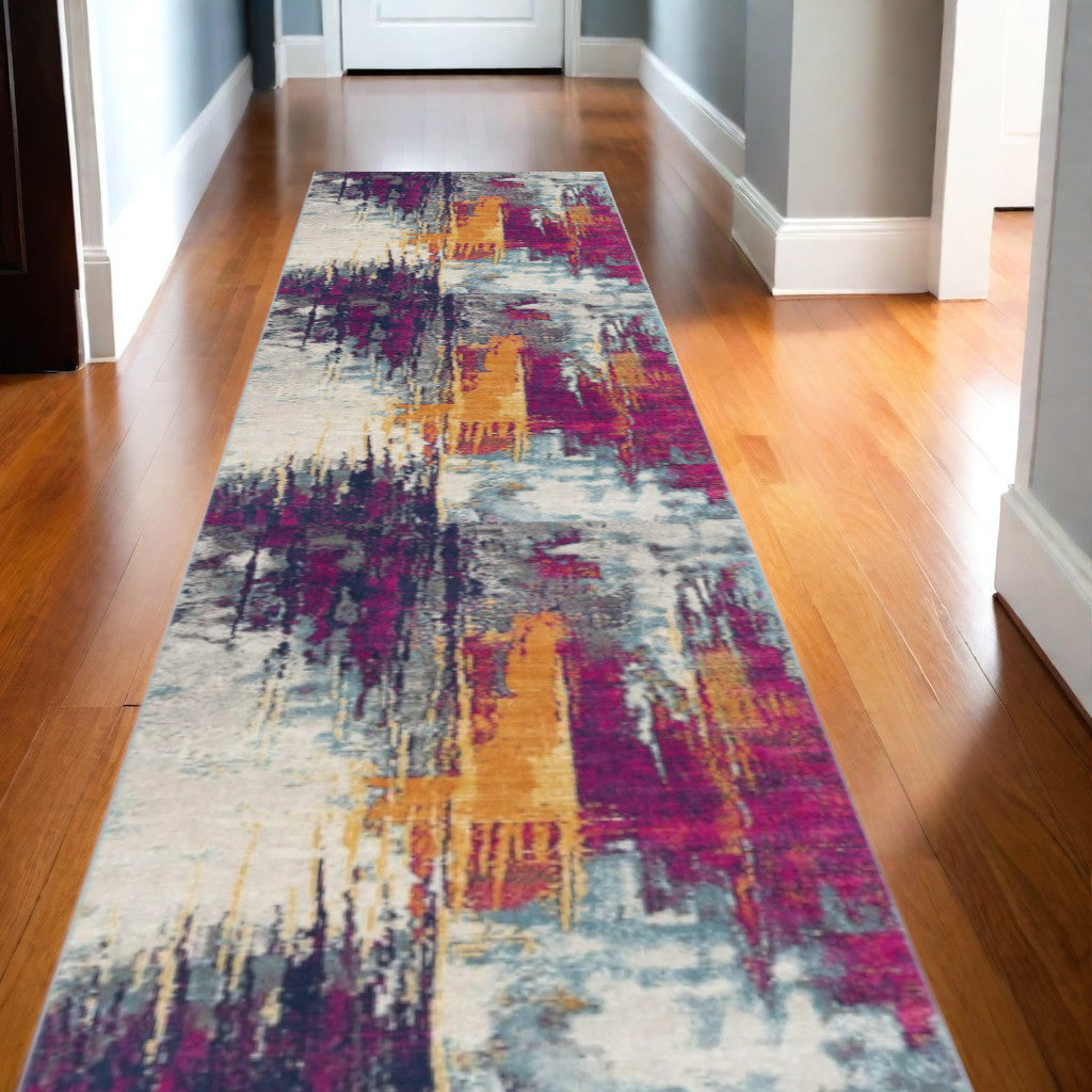 20' Gray Ivory And Magenta Abstract Runner Rug-Area Rugs-DECOROLALA