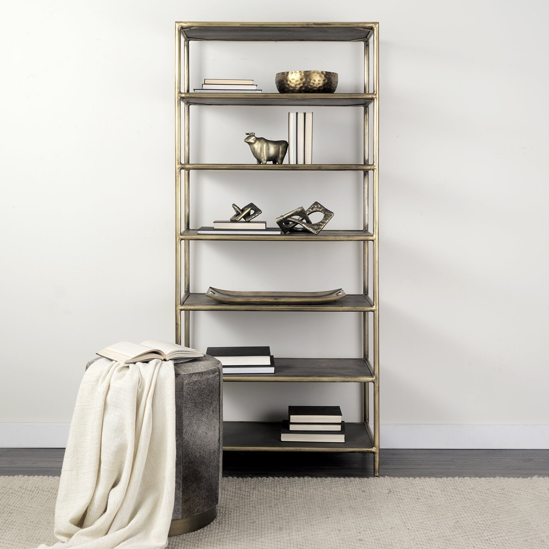 20" Gray Wool And Brown Footstool Ottoman-Ottomans-DECOROLALA