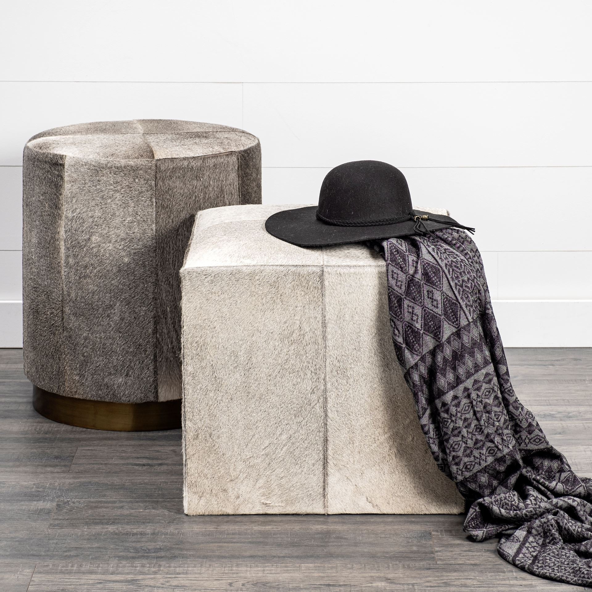 20" Gray Wool And Brown Footstool Ottoman-Ottomans-DECOROLALA