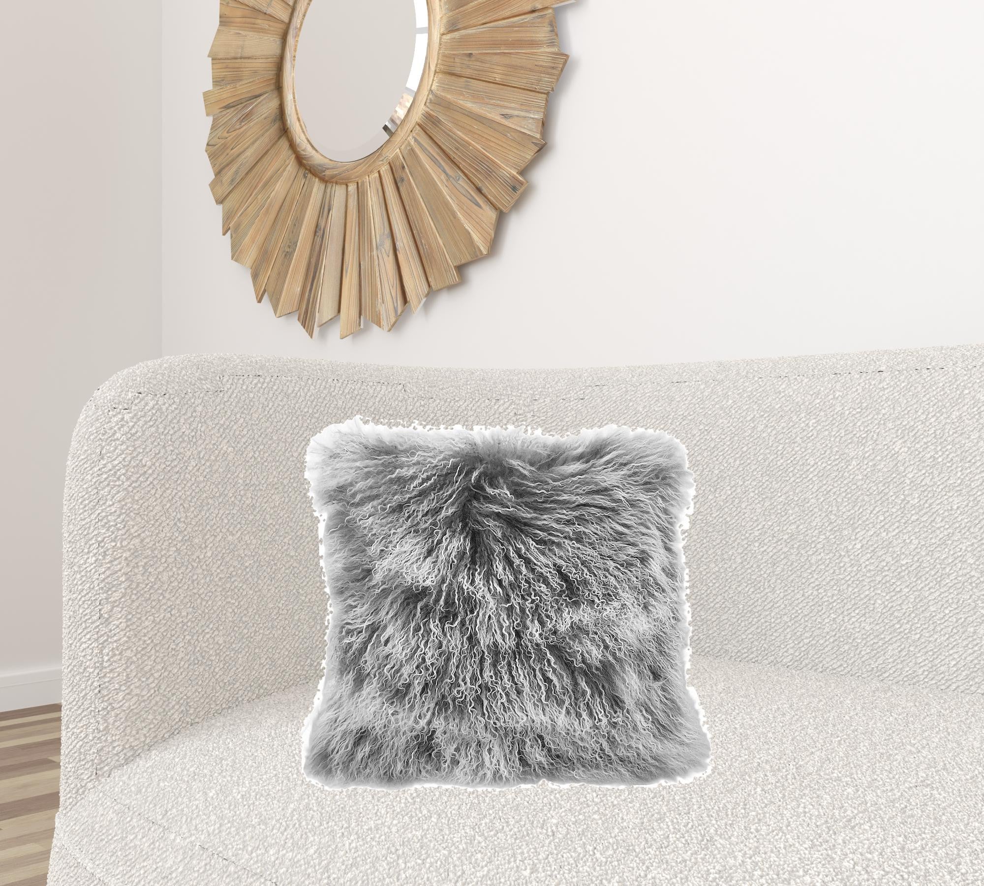 20" Grey Genuine Tibetan Lamb Fur Pillow With Microsuede Backing-Accent Throw Pillows-DECOROLALA