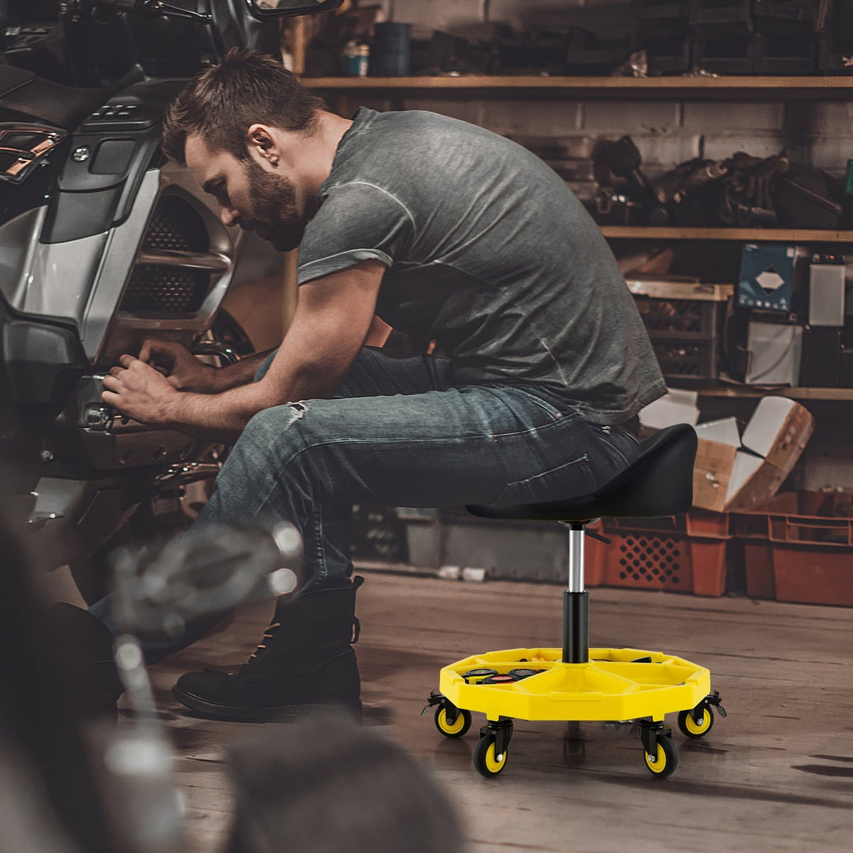 20 Inch-25 Inch Height Adjustable Rolling Garage Stool with Tool Tray Storage-Yellow-Garages-DECOROLALA