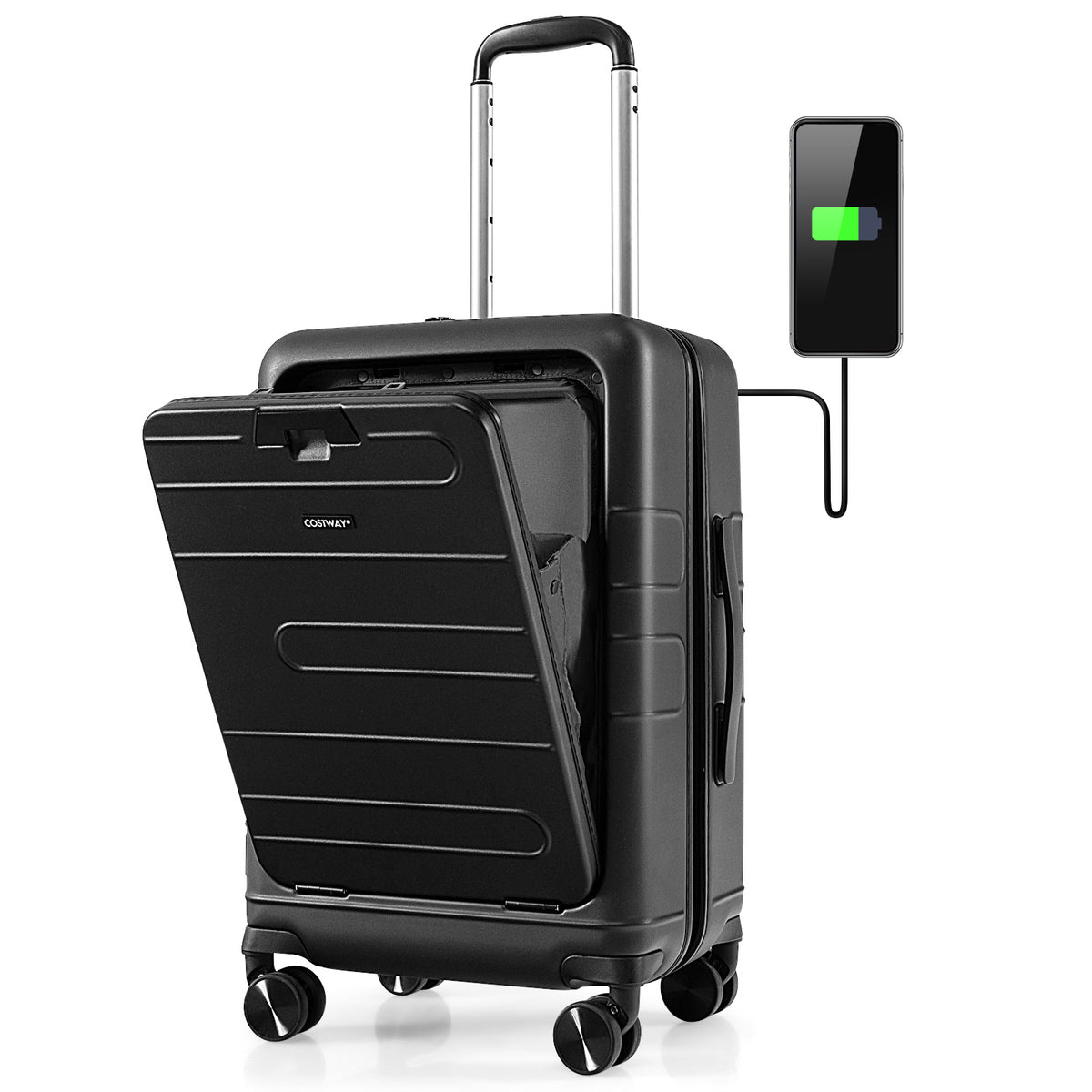 20 Inch Carry-on Luggage PC Hardside Suitcase TSA Lock with Front Pocket and USB Port-Black-Camping Equipment-DECOROLALA