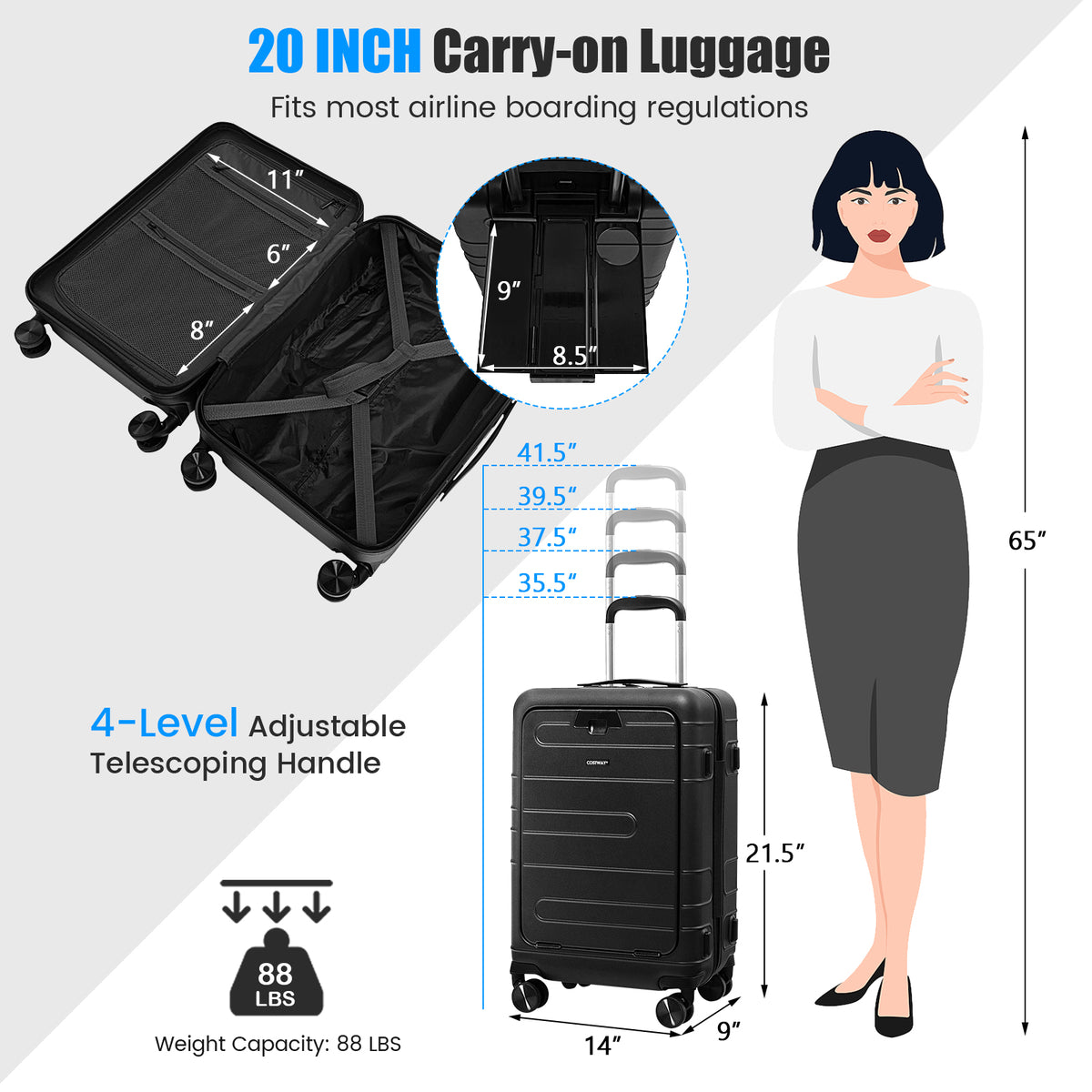 20 Inch Carry-on Luggage PC Hardside Suitcase TSA Lock with Front Pocket and USB Port-Black-Camping Equipment-DECOROLALA