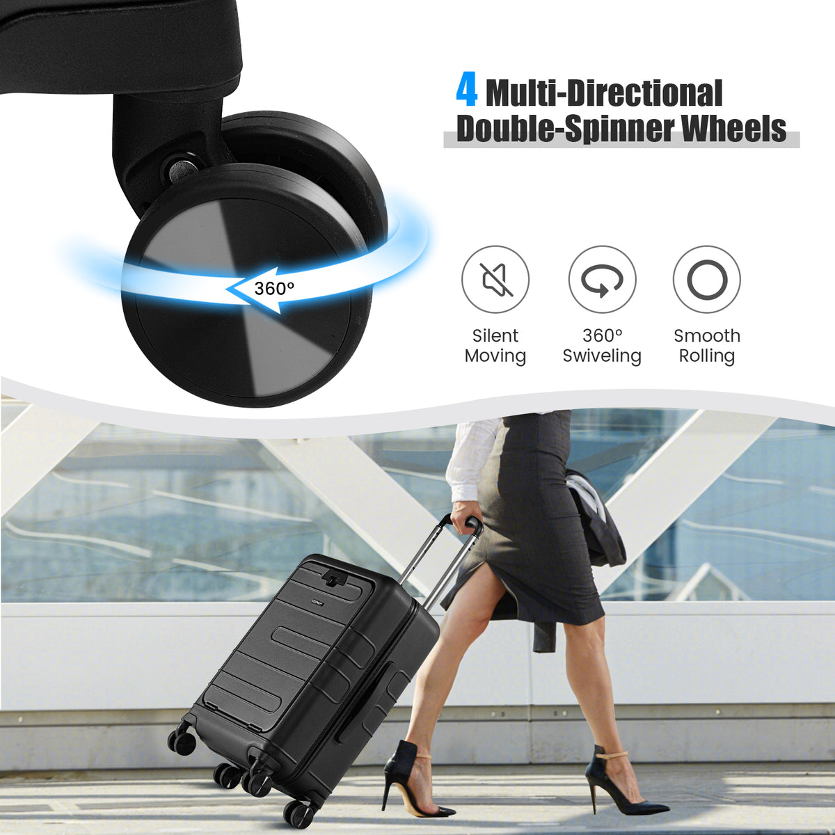 20 Inch Carry-on Luggage PC Hardside Suitcase TSA Lock with Front Pocket and USB Port-Black-Camping Equipment-DECOROLALA