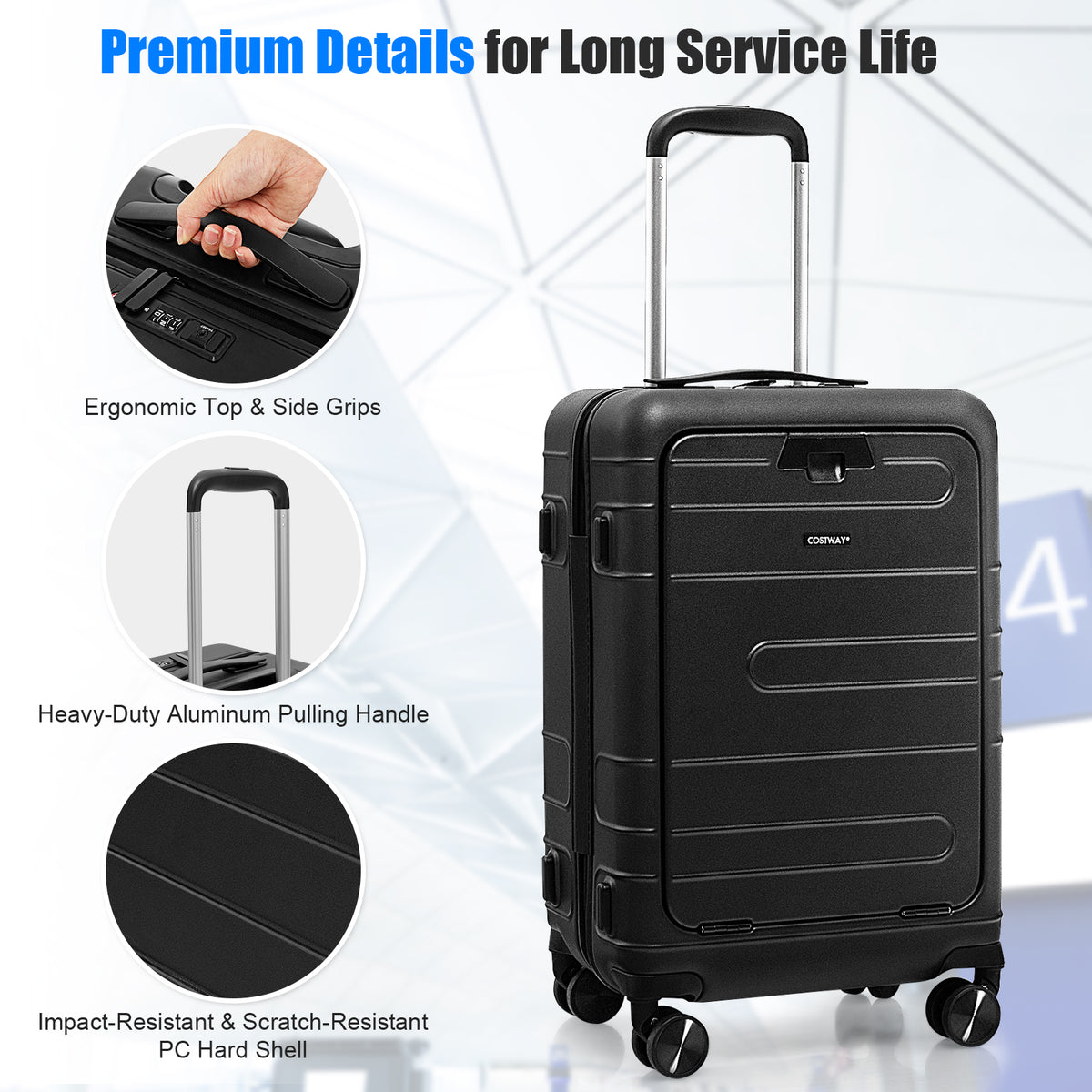 20 Inch Carry-on Luggage PC Hardside Suitcase TSA Lock with Front Pocket and USB Port-Black-Camping Equipment-DECOROLALA