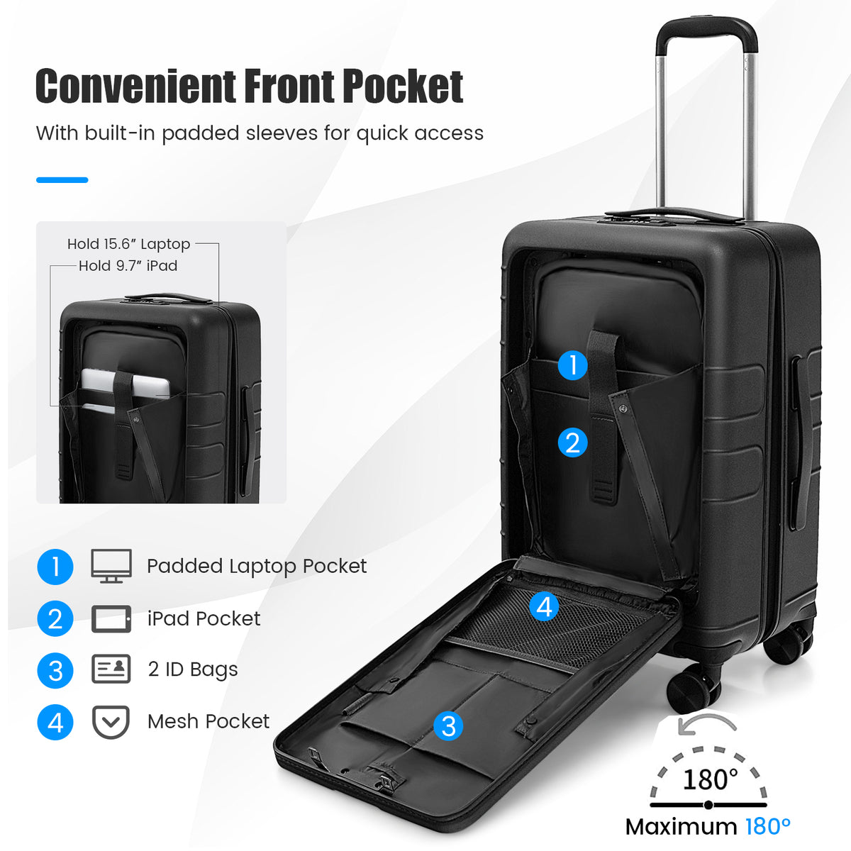 20 Inch Carry-on Luggage PC Hardside Suitcase TSA Lock with Front Pocket and USB Port-Black-Camping Equipment-DECOROLALA