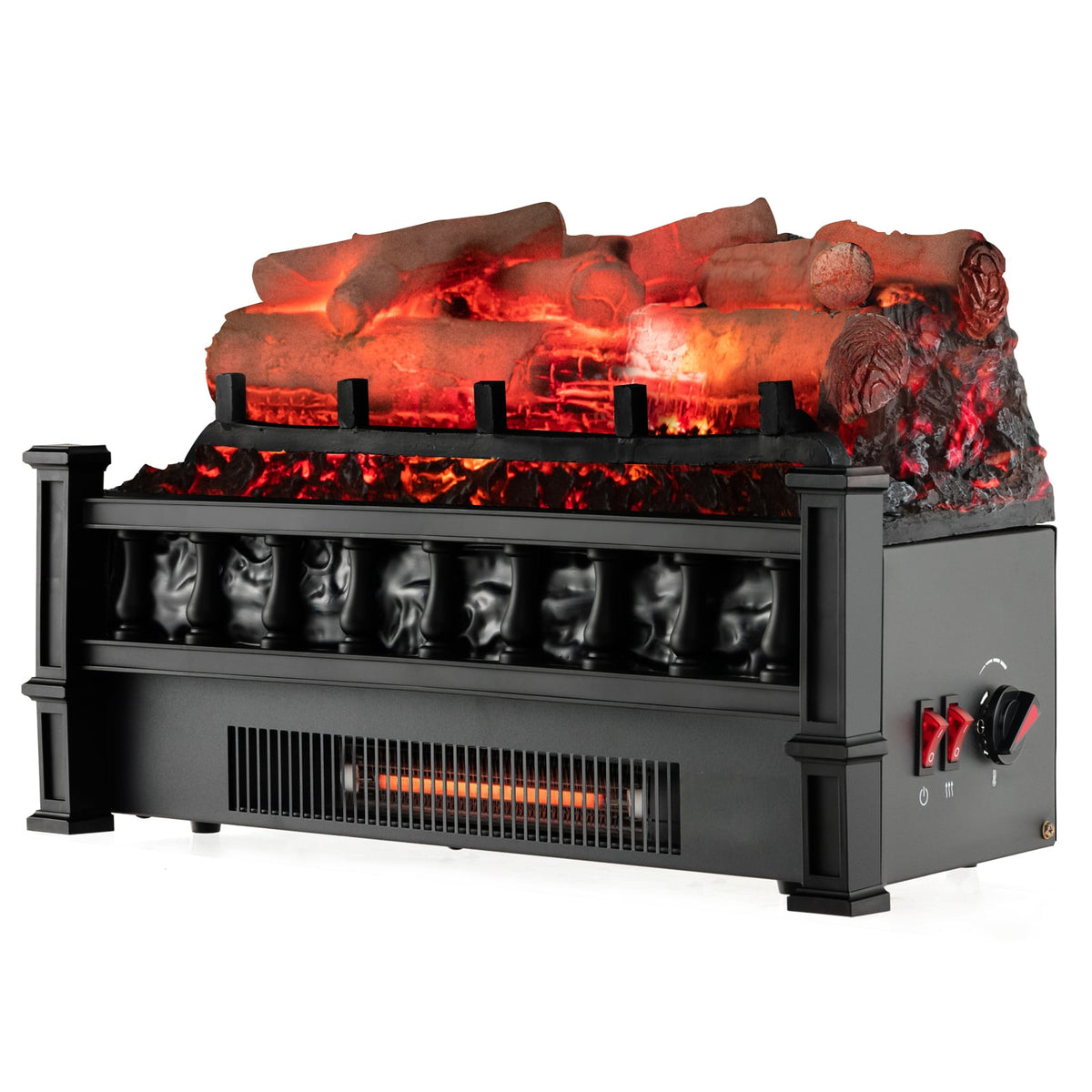 20 Inch Electric Fireplace Heater with Realistic Birchwood Ember Bed-Black-Fireplaces-DECOROLALA