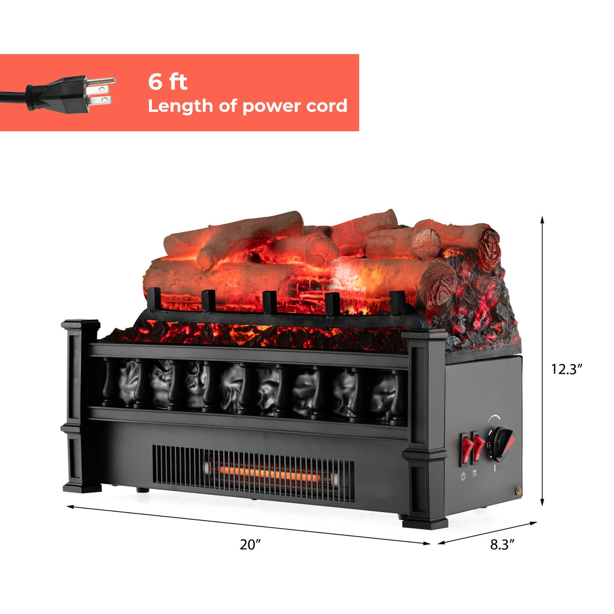 20 Inch Electric Fireplace Heater with Realistic Birchwood Ember Bed-Black-Fireplaces-DECOROLALA