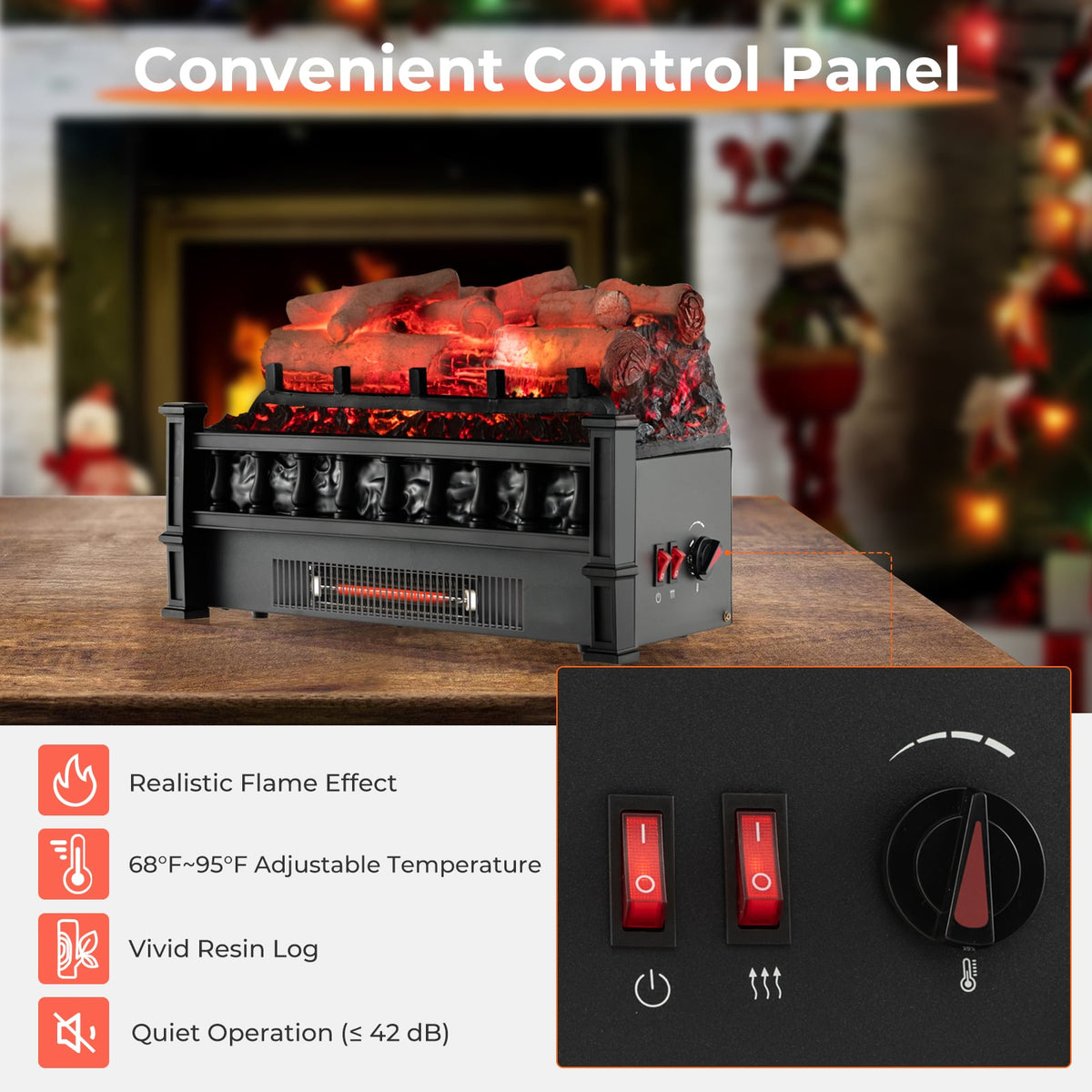 20 Inch Electric Fireplace Heater with Realistic Birchwood Ember Bed-Black-Fireplaces-DECOROLALA