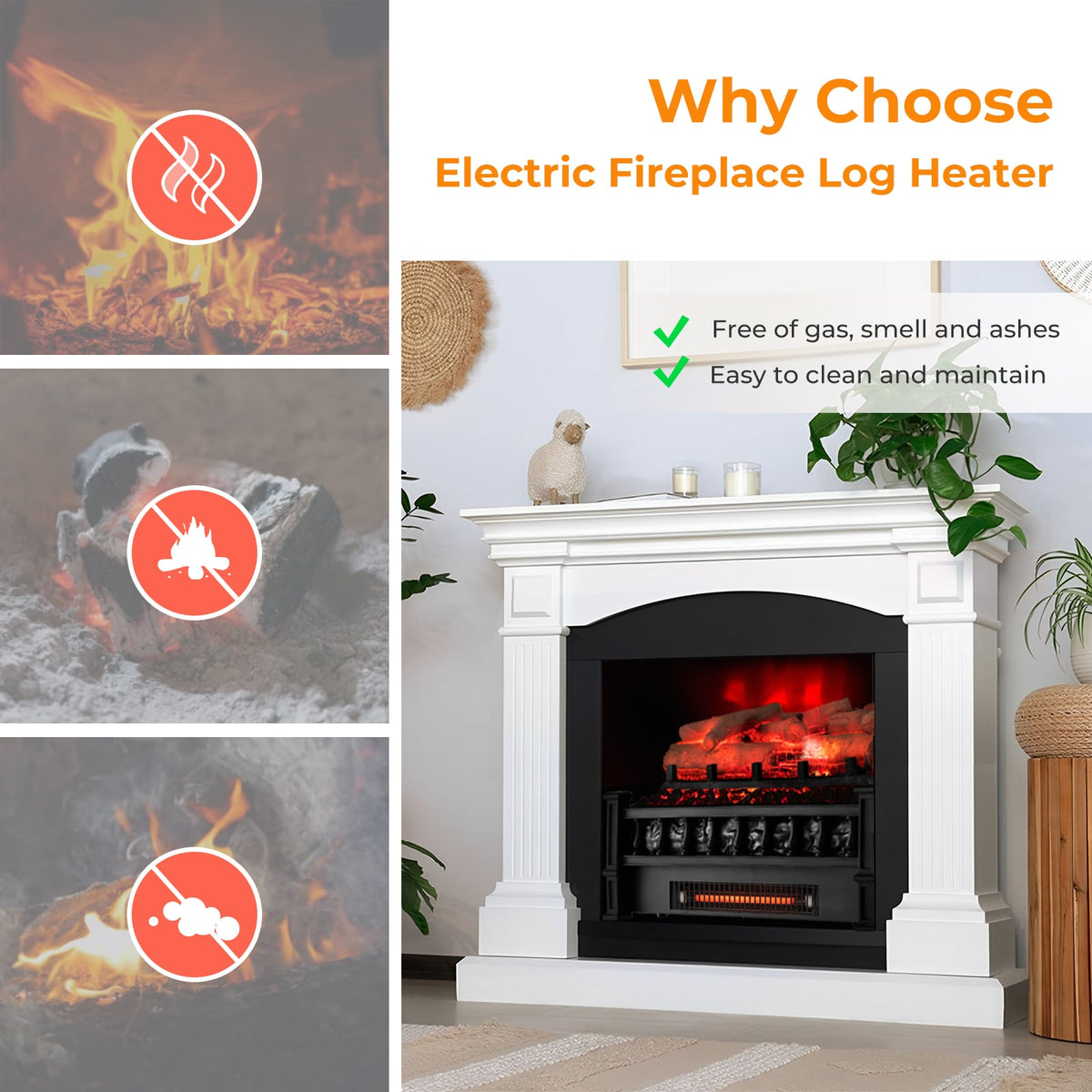20 Inch Electric Fireplace Heater with Realistic Birchwood Ember Bed-Black-Fireplaces-DECOROLALA