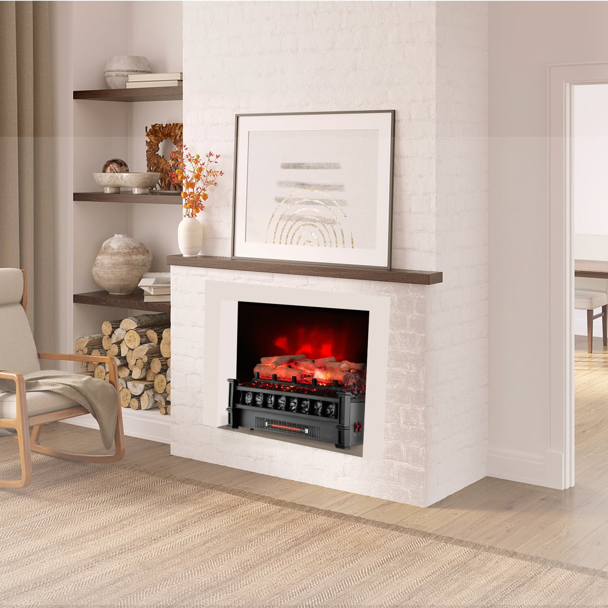 20 Inch Electric Fireplace Heater with Realistic Birchwood Ember Bed-Black-Fireplaces-DECOROLALA