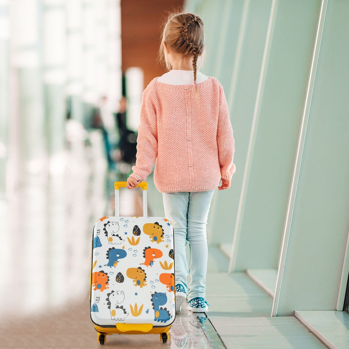 20 Inch Kids Rolling Luggage Foldable Hardshell Carry-on Suitcase on Wheels-Yellow-Kids Suitcases-DECOROLALA