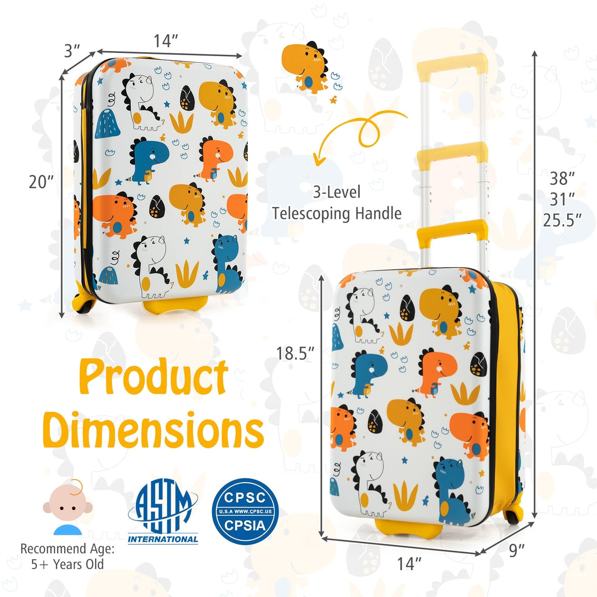 20 Inch Kids Rolling Luggage Foldable Hardshell Carry-on Suitcase on Wheels-Yellow-Kids Suitcases-DECOROLALA