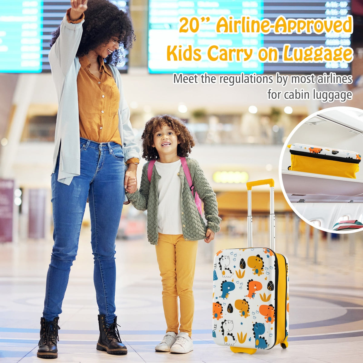 20 Inch Kids Rolling Luggage Foldable Hardshell Carry-on Suitcase on Wheels-Yellow-Kids Suitcases-DECOROLALA