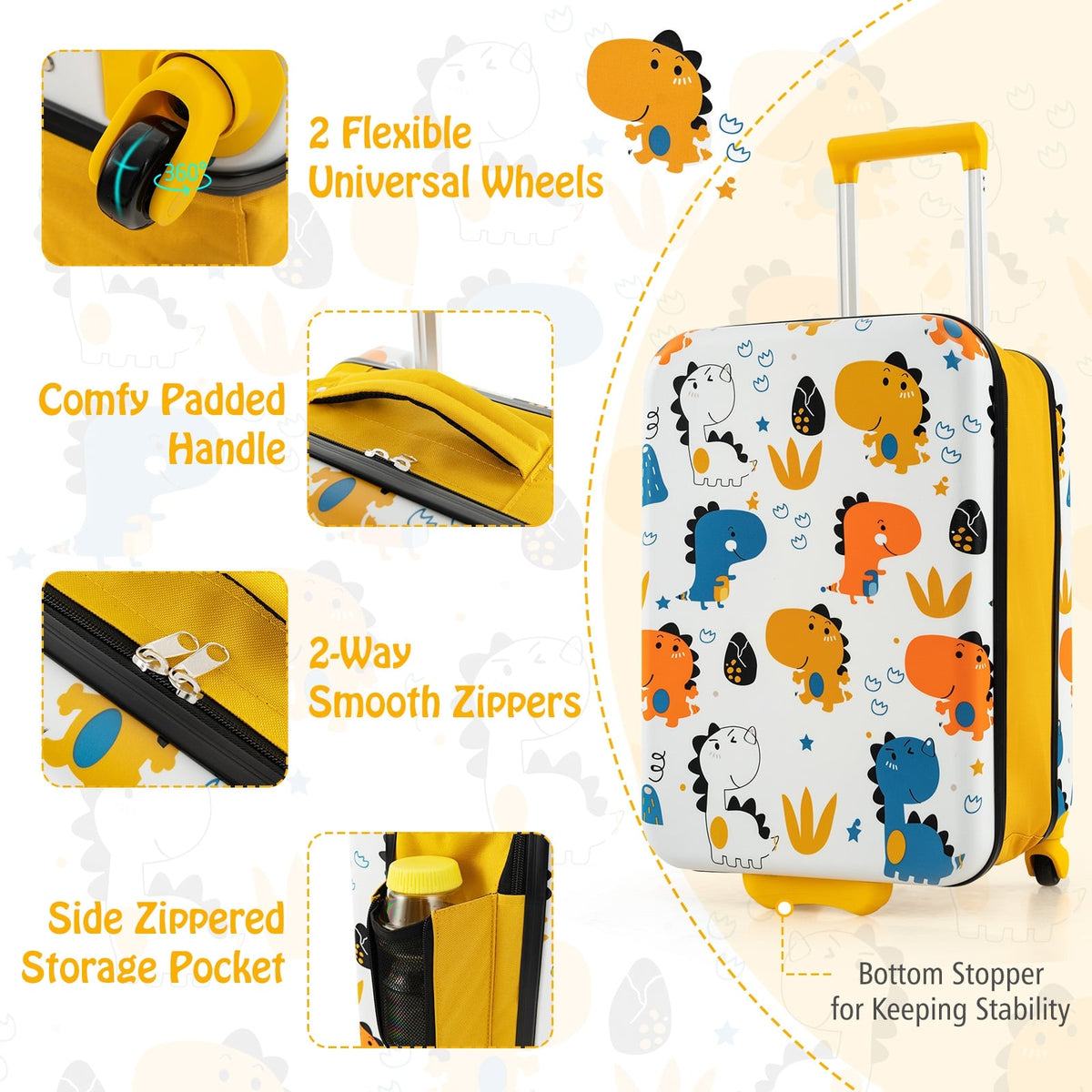 20 Inch Kids Rolling Luggage Foldable Hardshell Carry-on Suitcase on Wheels-Yellow-Kids Suitcases-DECOROLALA