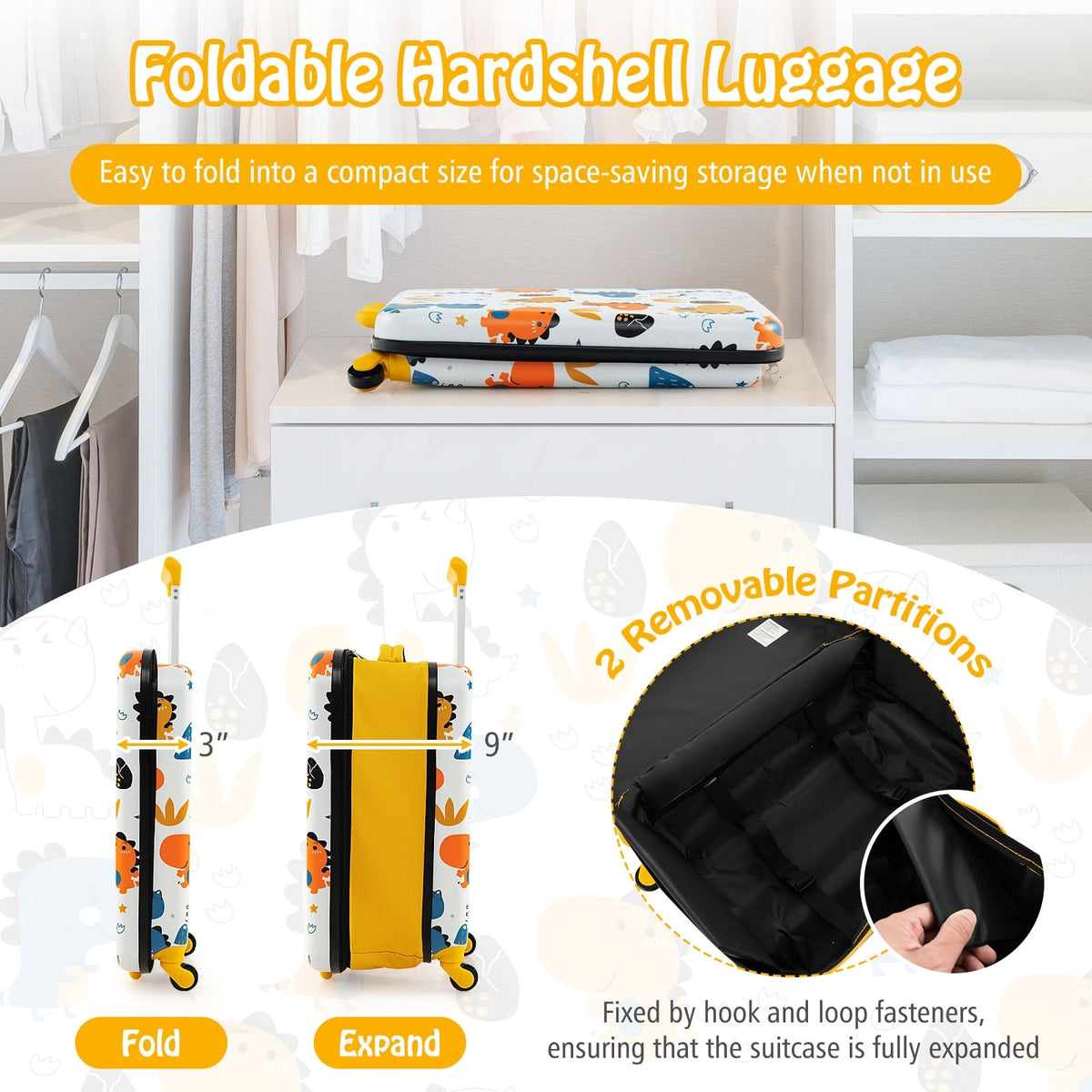 20 Inch Kids Rolling Luggage Foldable Hardshell Carry-on Suitcase on Wheels-Yellow-Kids Suitcases-DECOROLALA