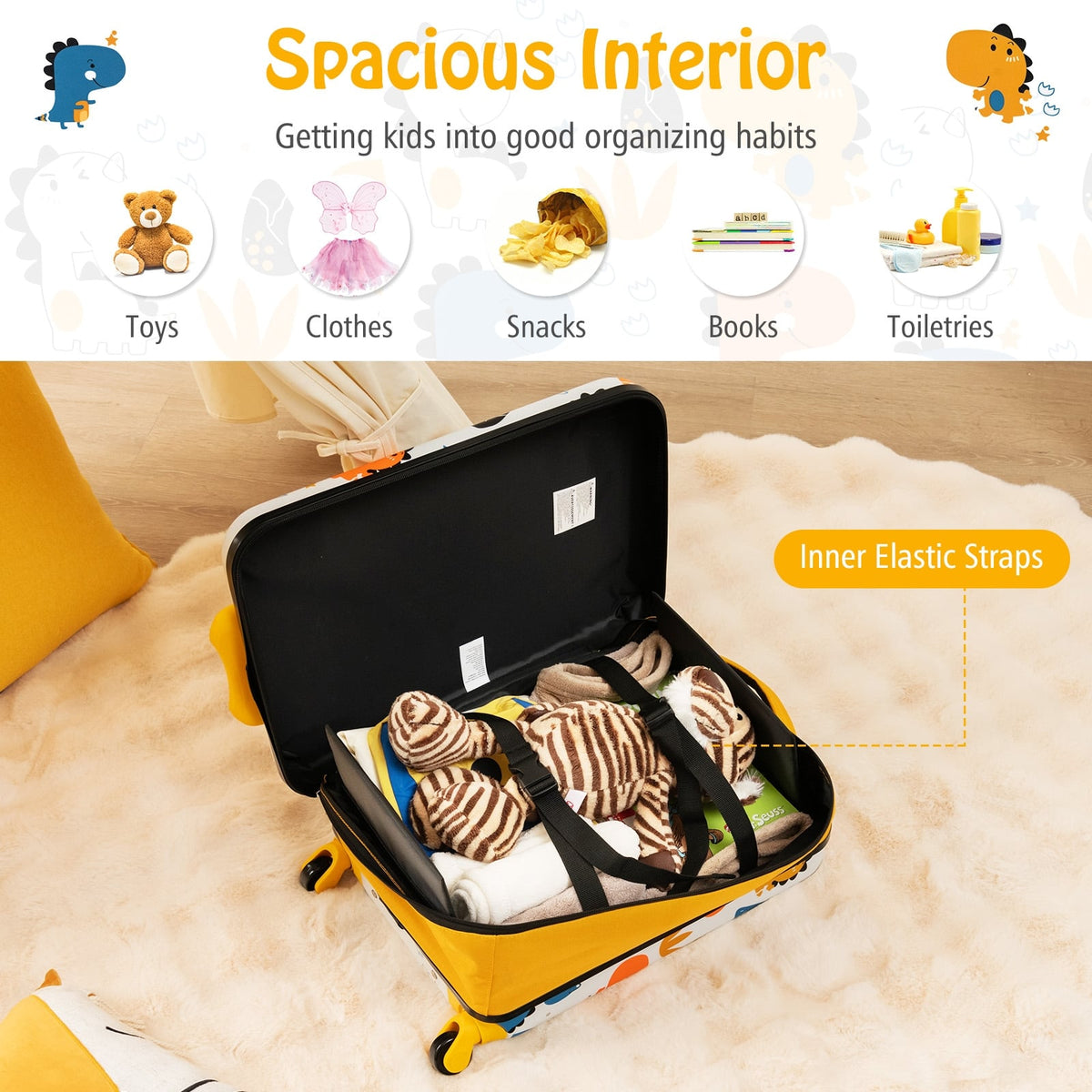 20 Inch Kids Rolling Luggage Foldable Hardshell Carry-on Suitcase on Wheels-Yellow-Kids Suitcases-DECOROLALA