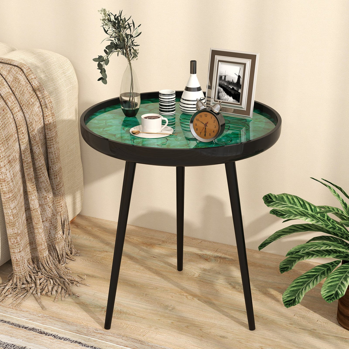 20 Inch Mid-century Modern Coffee End Table with Sea Shell Decoration-Green-End & Side Tables-DECOROLALA