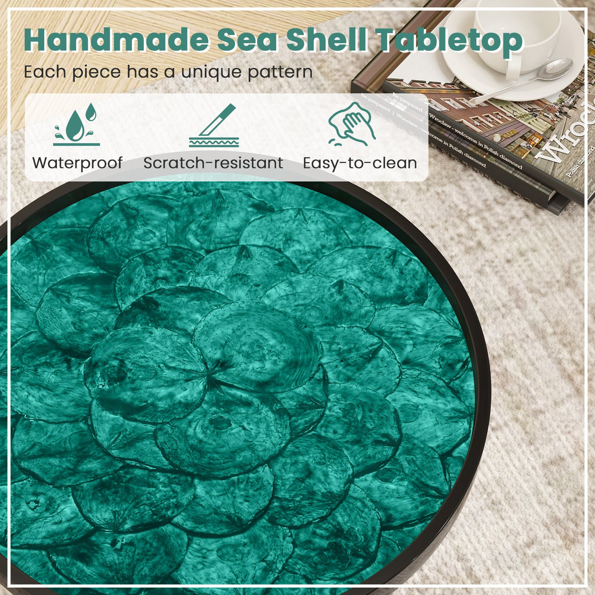 20 Inch Mid-century Modern Coffee End Table with Sea Shell Decoration-Green-End & Side Tables-DECOROLALA