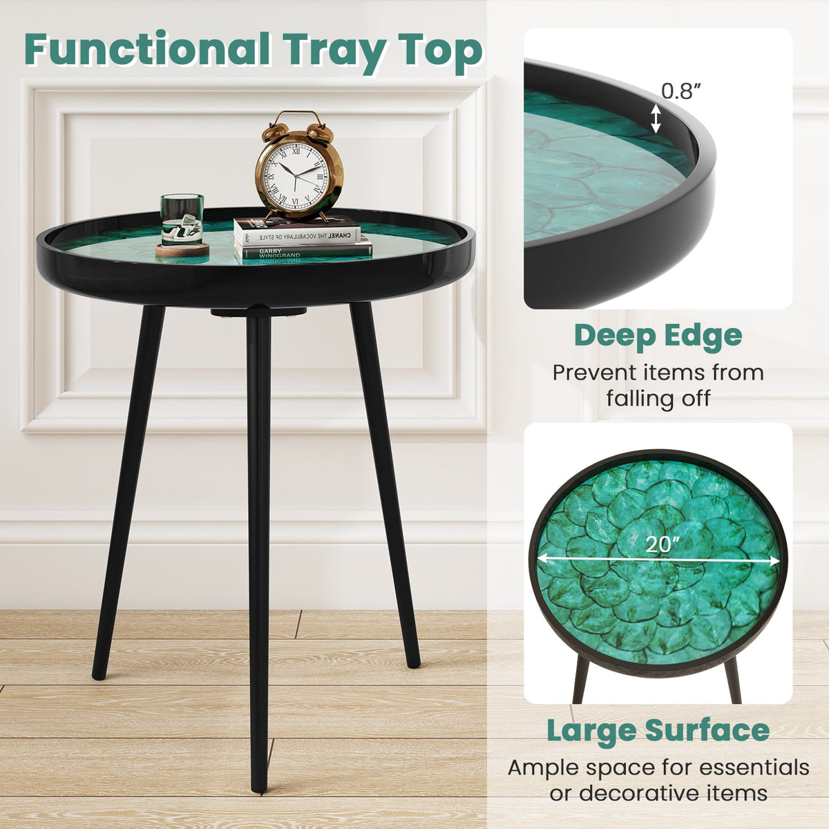 20 Inch Mid-century Modern Coffee End Table with Sea Shell Decoration-Green-End & Side Tables-DECOROLALA