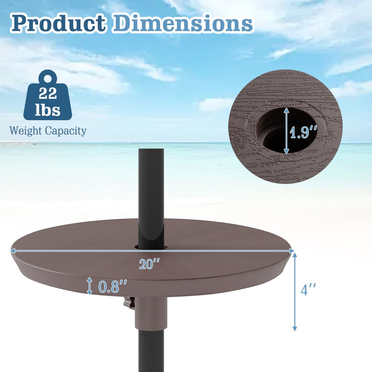 20 Inch Outdoor Adjustable Umbrella Table for 2 Sizes Patio Umbrella Pole-Coffee-Outdoor Umbrella Bases-DECOROLALA