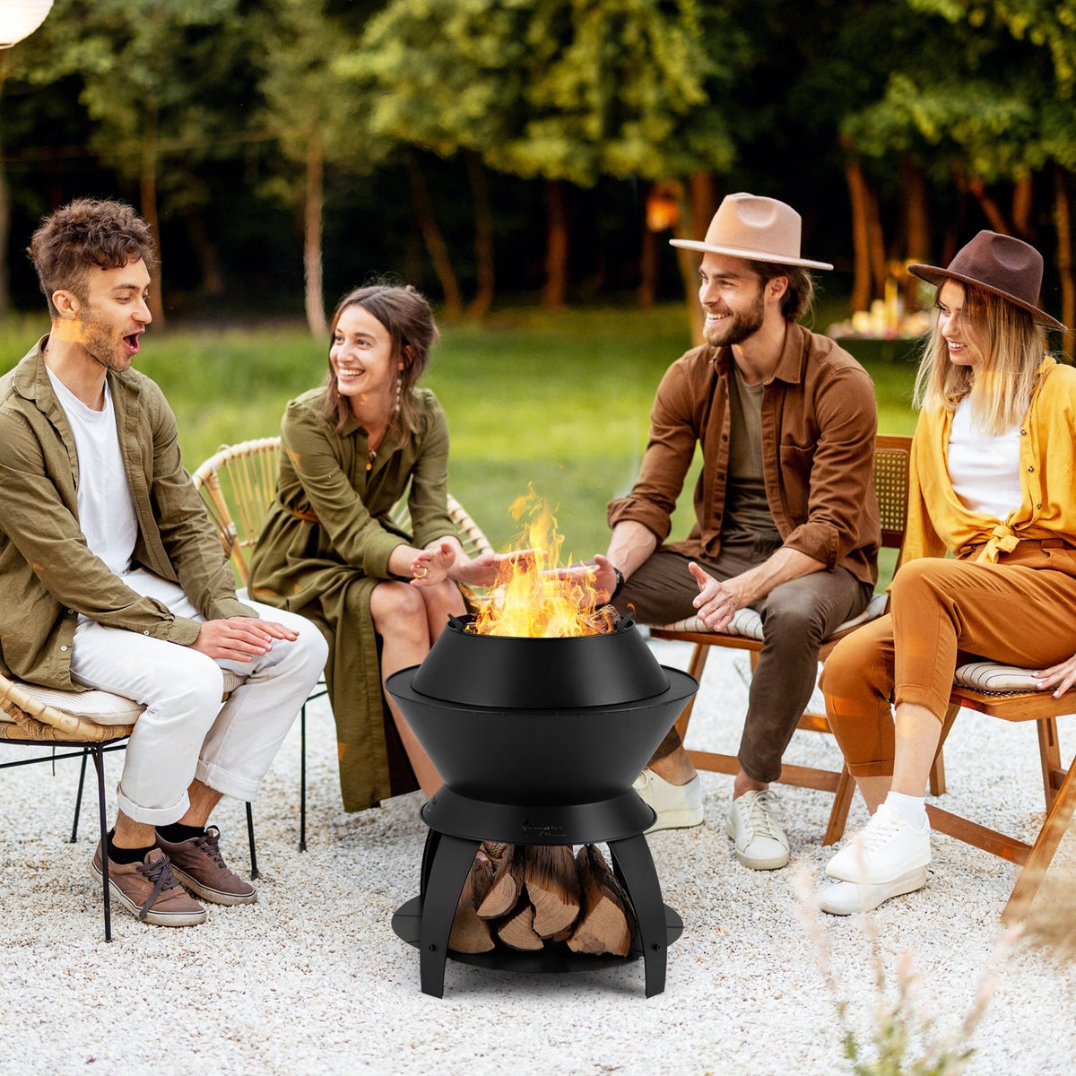 20 Inch Patio Fire Pit Metal Camping Fire Bowl with Pot Holder and Storage Shelf-Black-Fire Pits-DECOROLALA