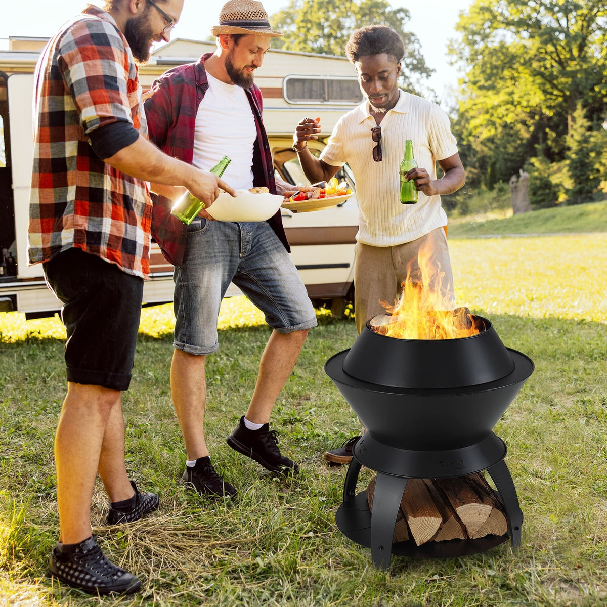 20 Inch Patio Fire Pit Metal Camping Fire Bowl with Pot Holder and Storage Shelf-Black-Fire Pits-DECOROLALA