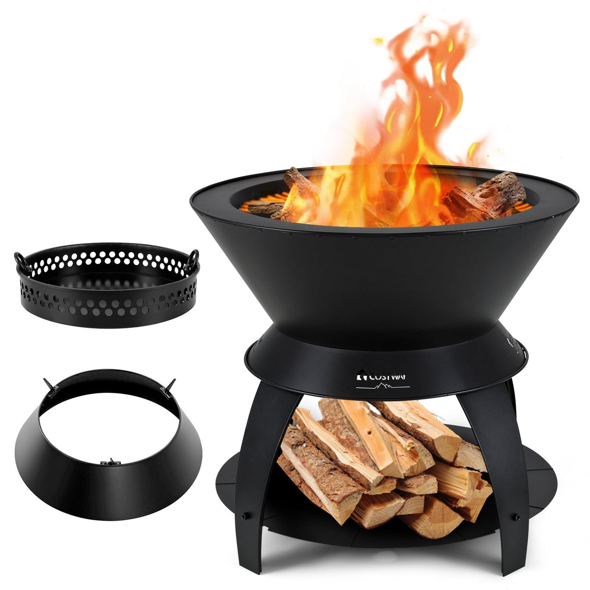 20 Inch Patio Fire Pit Metal Camping Fire Bowl with Pot Holder and Storage Shelf-Black-Fire Pits-DECOROLALA
