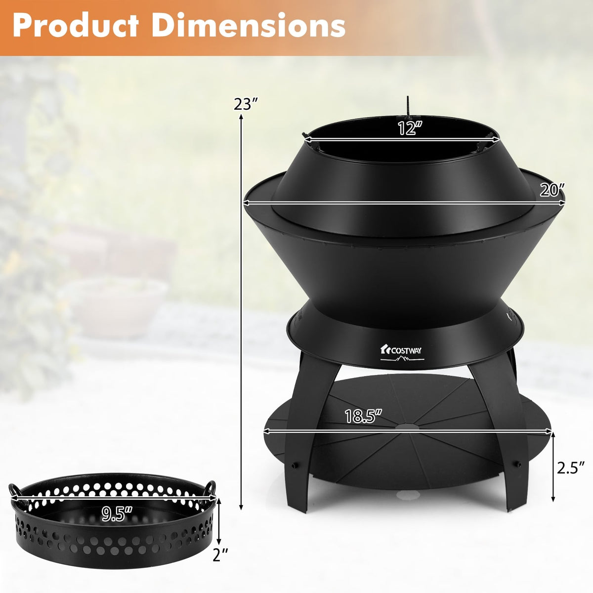 20 Inch Patio Fire Pit Metal Camping Fire Bowl with Pot Holder and Storage Shelf-Black-Fire Pits-DECOROLALA