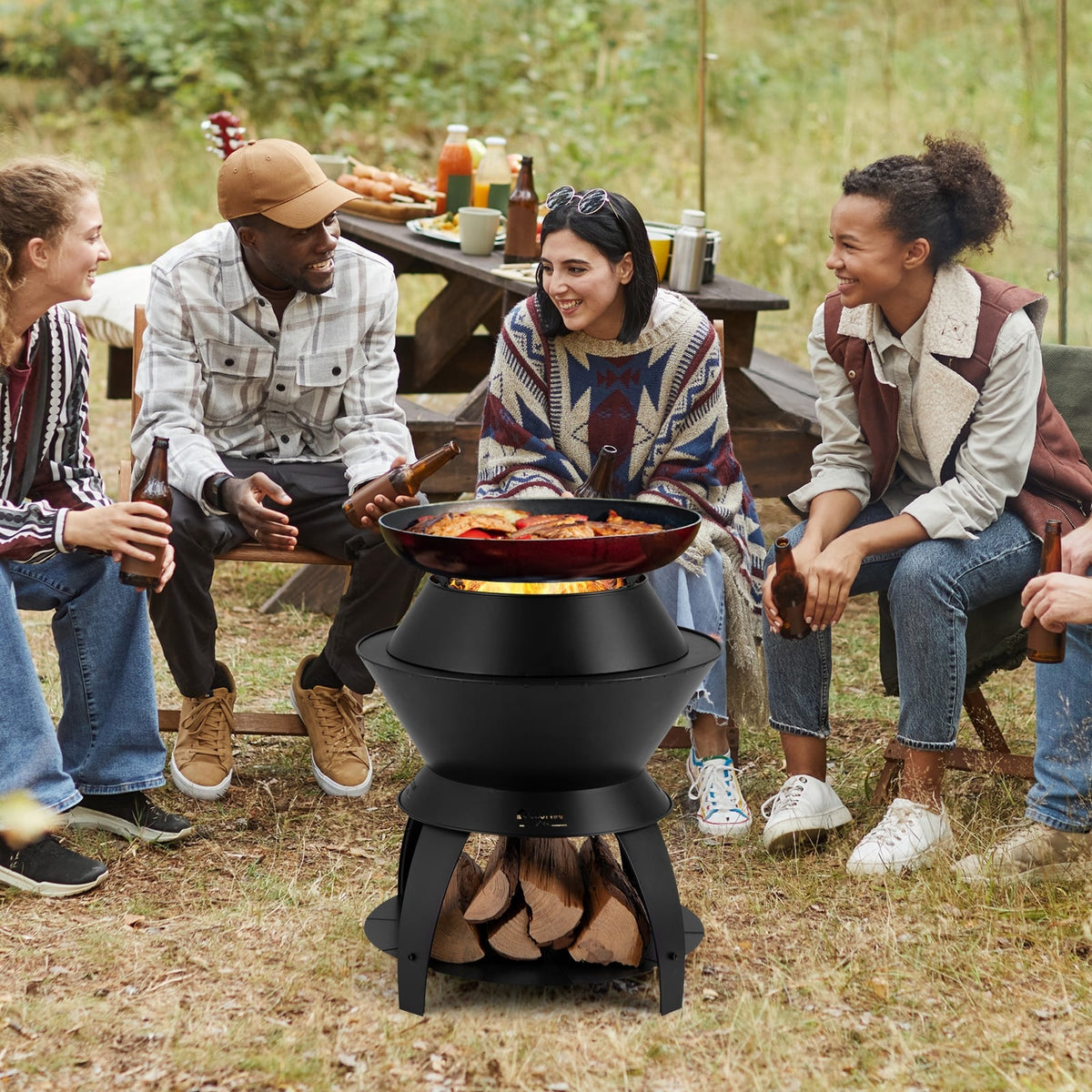 20 Inch Patio Fire Pit Metal Camping Fire Bowl with Pot Holder and Storage Shelf-Black-Fire Pits-DECOROLALA