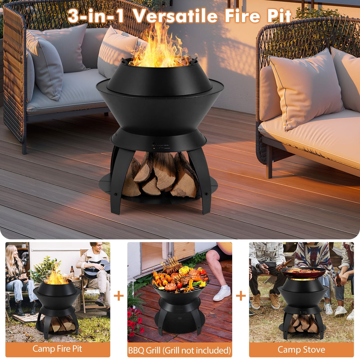 20 Inch Patio Fire Pit Metal Camping Fire Bowl with Pot Holder and Storage Shelf-Black-Fire Pits-DECOROLALA