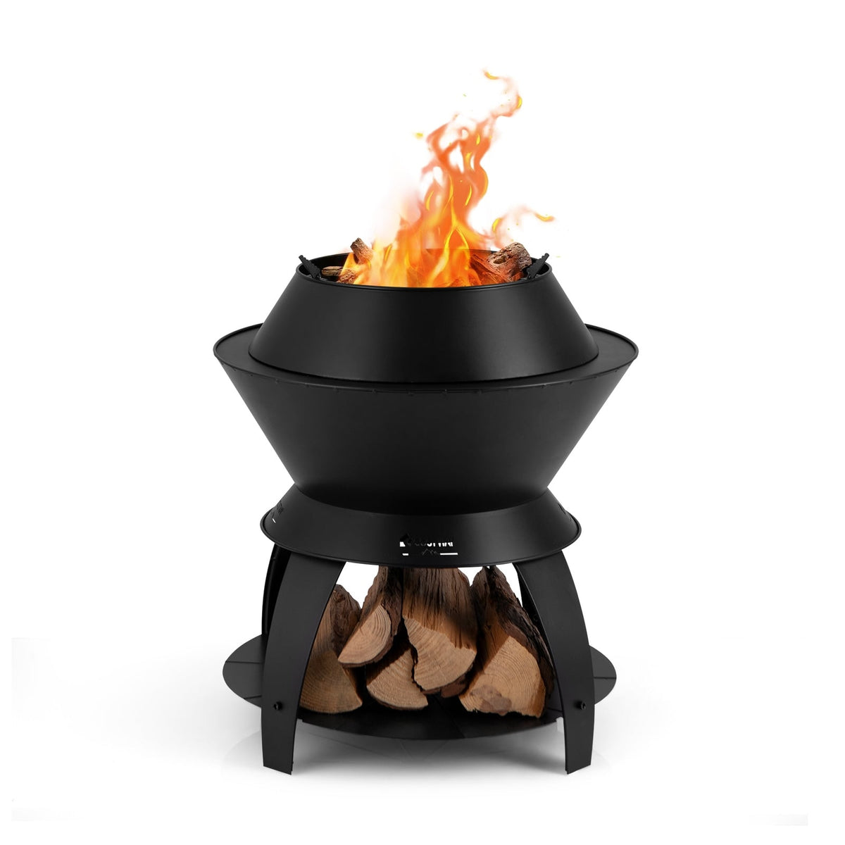 20 Inch Patio Fire Pit Metal Camping Fire Bowl with Pot Holder and Storage Shelf-Black-Fire Pits-DECOROLALA