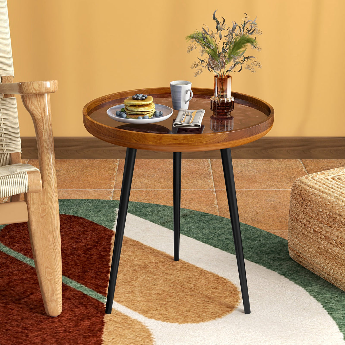 20 Inch Round End Table with Sea Shell Decoration and Epoxy Resin Finish-Brown-End & Side Tables-DECOROLALA