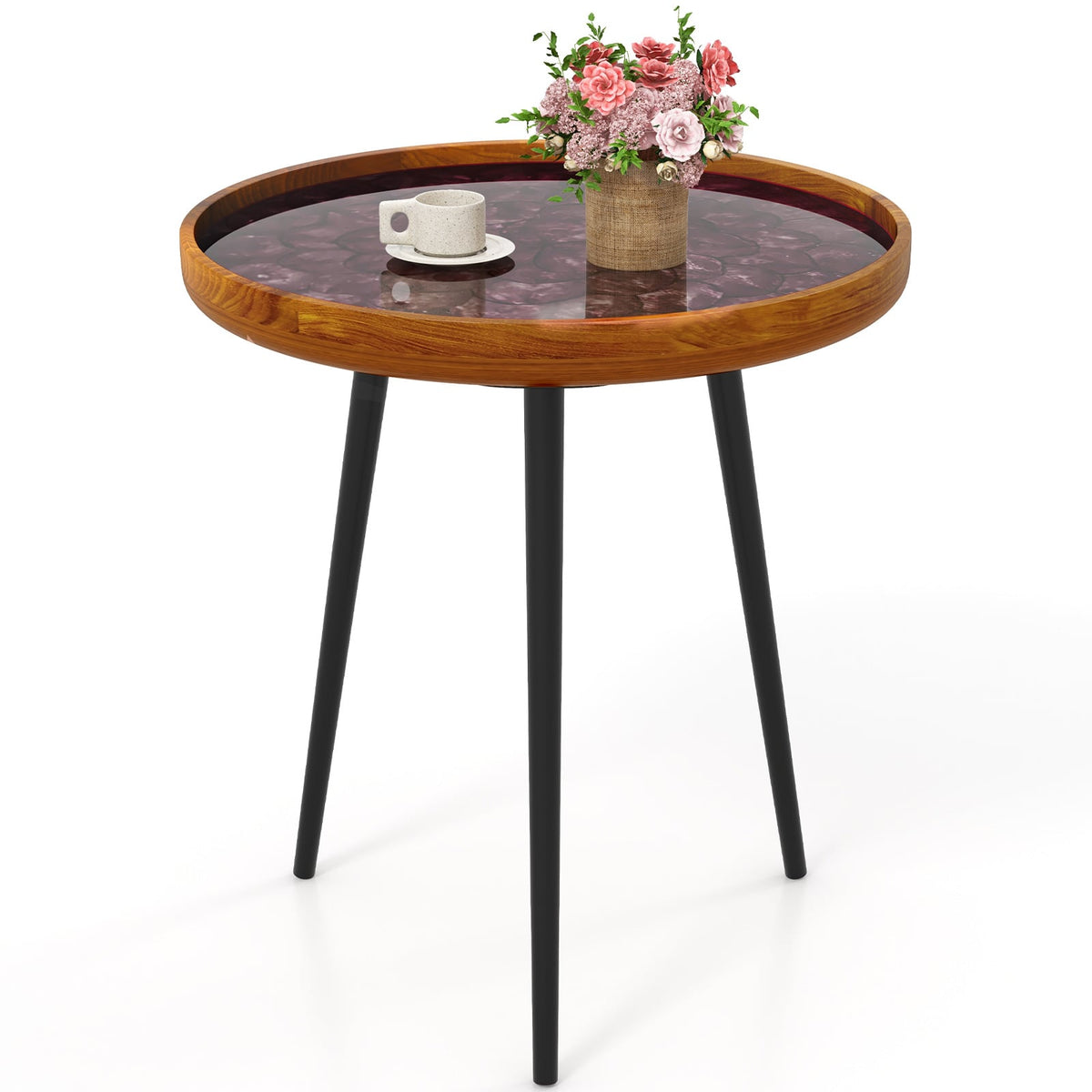 20 Inch Round End Table with Sea Shell Decoration and Epoxy Resin Finish-Brown-End & Side Tables-DECOROLALA
