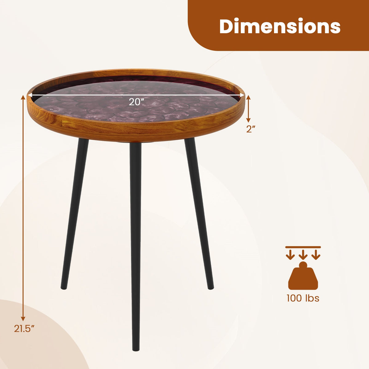 20 Inch Round End Table with Sea Shell Decoration and Epoxy Resin Finish-Brown-End & Side Tables-DECOROLALA