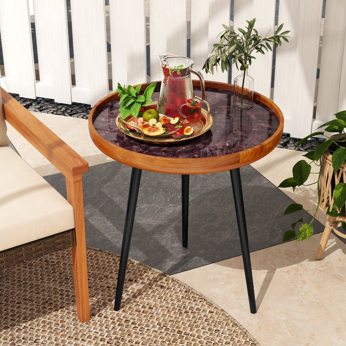 20 Inch Round End Table with Sea Shell Decoration and Epoxy Resin Finish-Brown-End & Side Tables-DECOROLALA