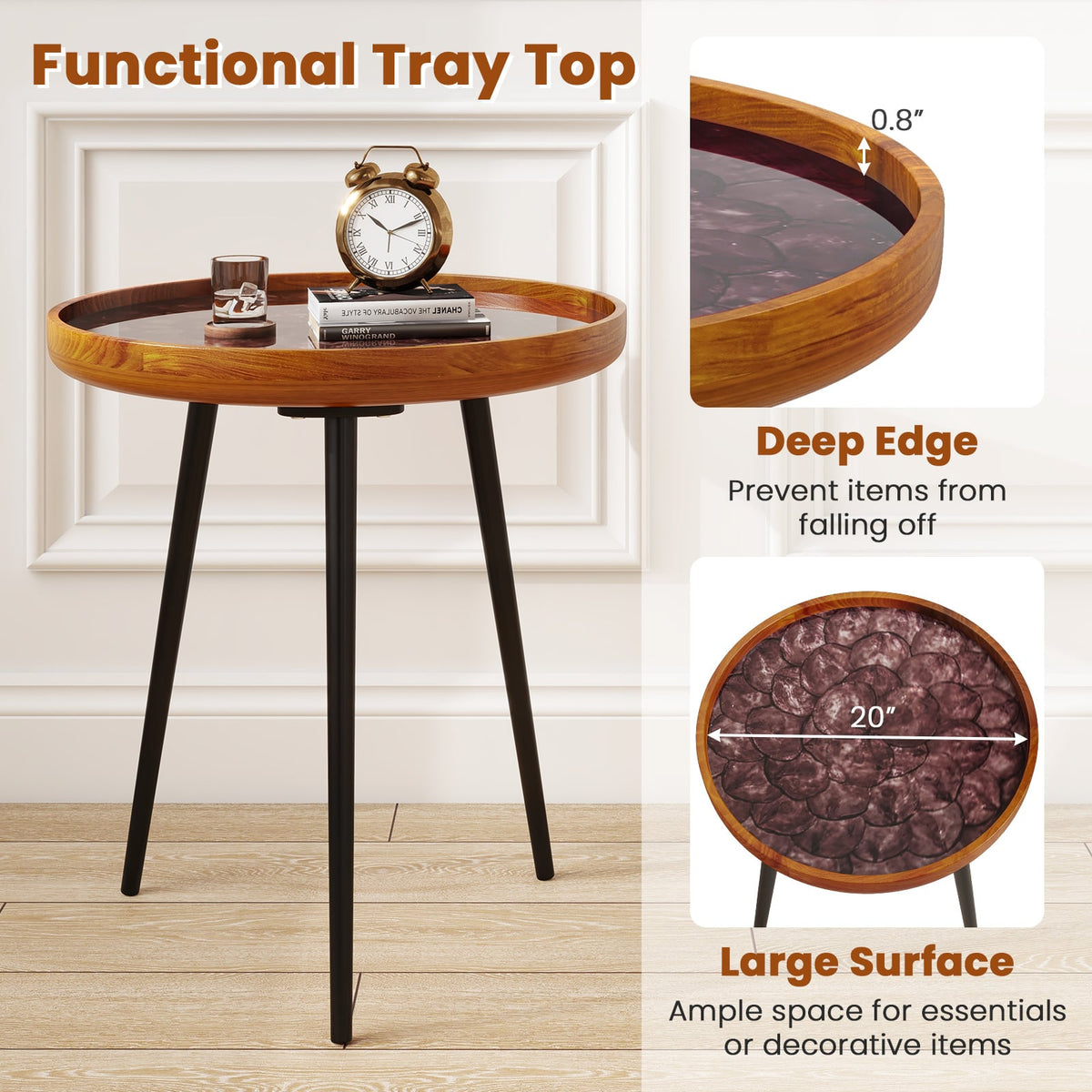 20 Inch Round End Table with Sea Shell Decoration and Epoxy Resin Finish-Brown-End & Side Tables-DECOROLALA