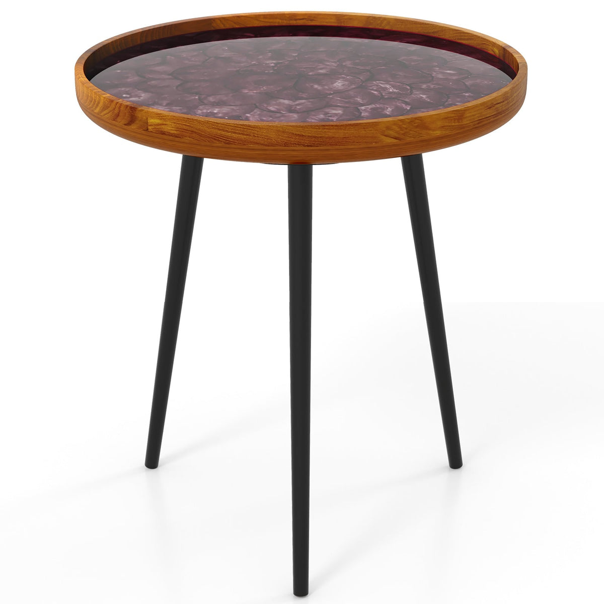 20 Inch Round End Table with Sea Shell Decoration and Epoxy Resin Finish-Brown-End & Side Tables-DECOROLALA