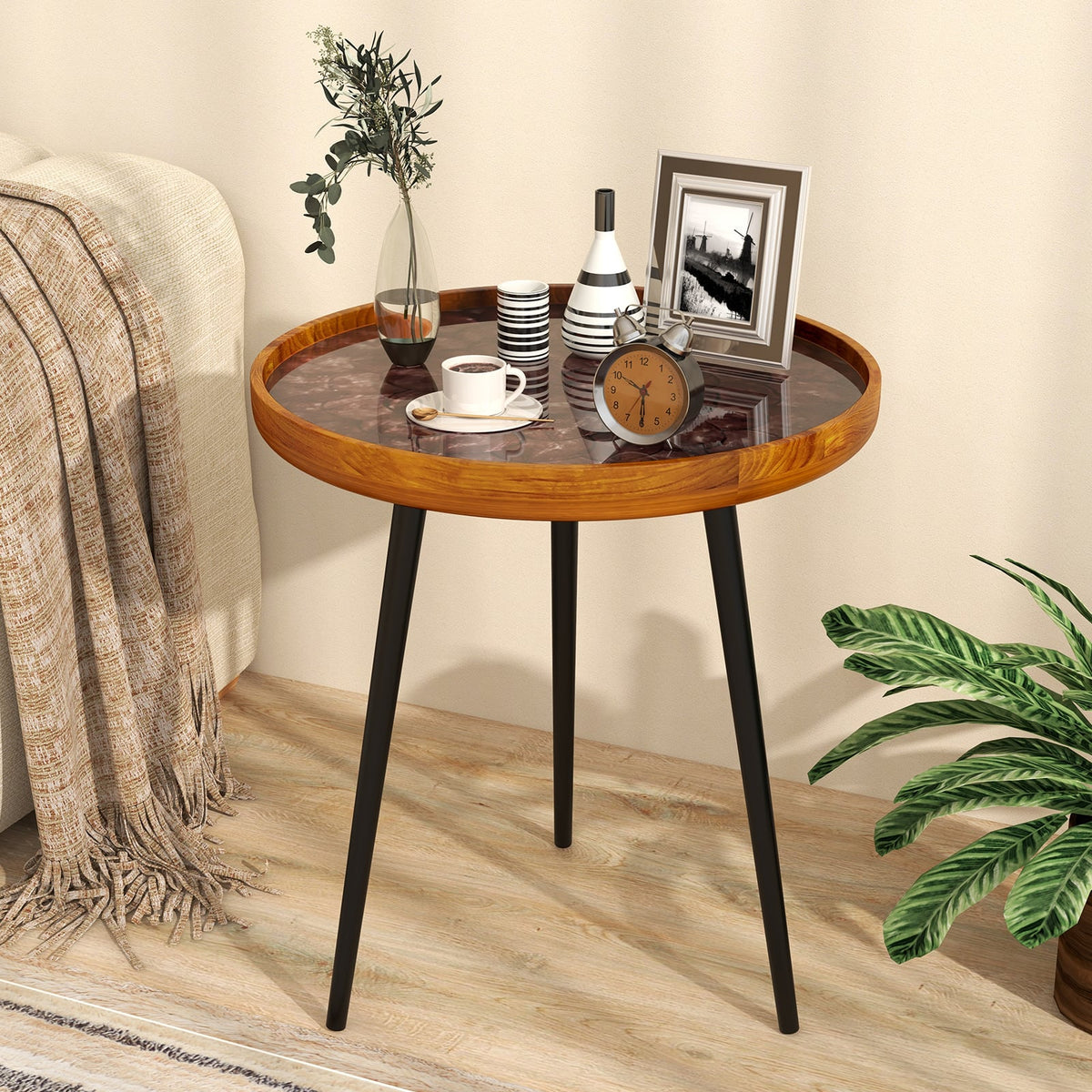 20 Inch Round End Table with Sea Shell Decoration and Epoxy Resin Finish-Brown-End & Side Tables-DECOROLALA