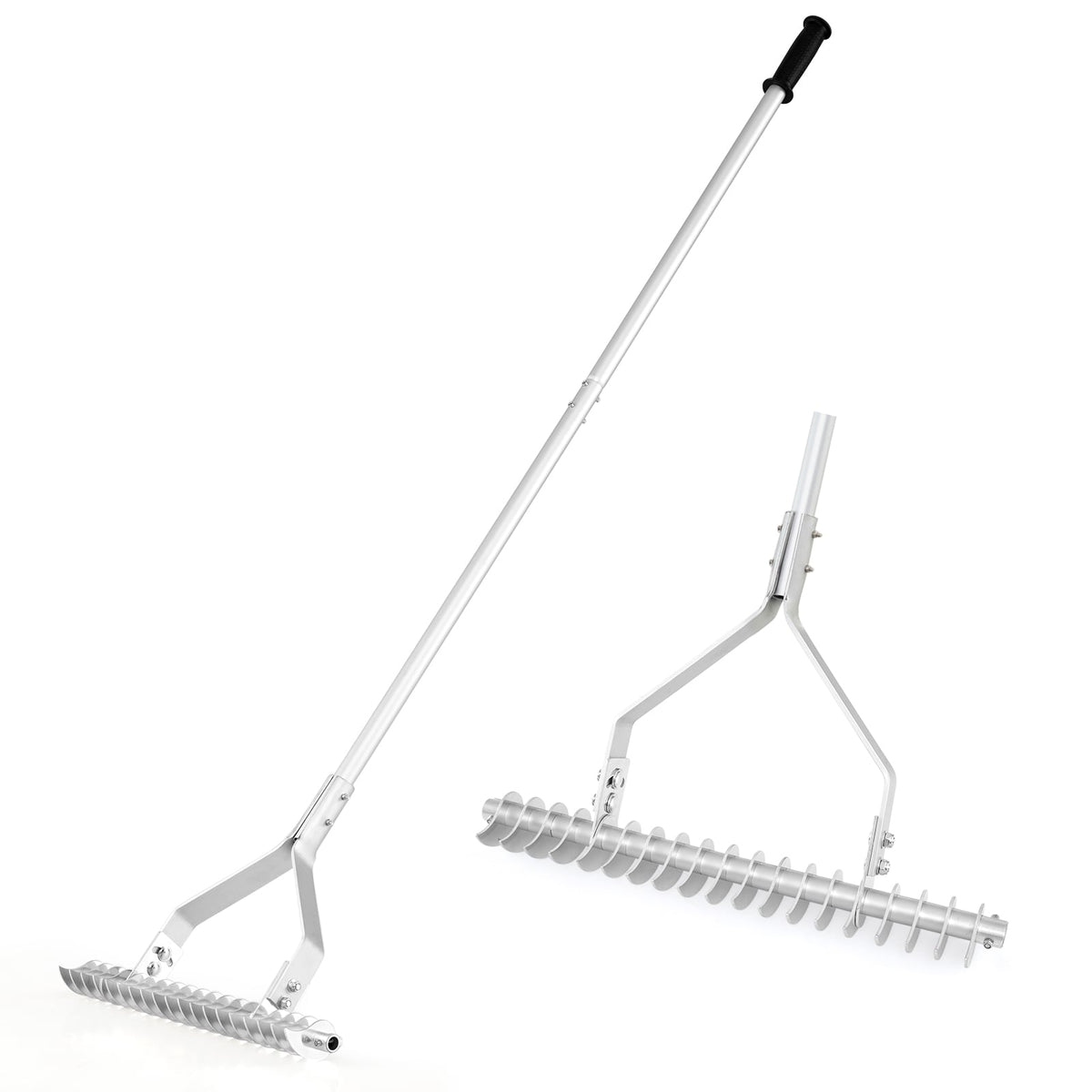 20 Inches Wide Aluminum Lawn Loosening Soil Rake with Long Handle and 19 Curved Tines-Lawn Care Tools-DECOROLALA