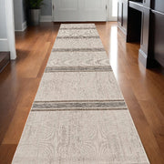 20' Ivory And Gray Striped Runner Rug-Area Rugs-DECOROLALA