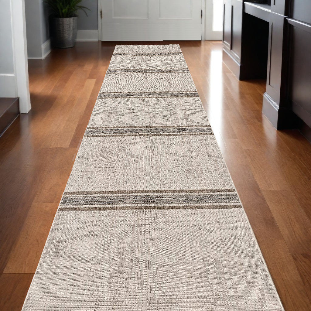 20' Ivory And Gray Striped Runner Rug-Area Rugs-DECOROLALA