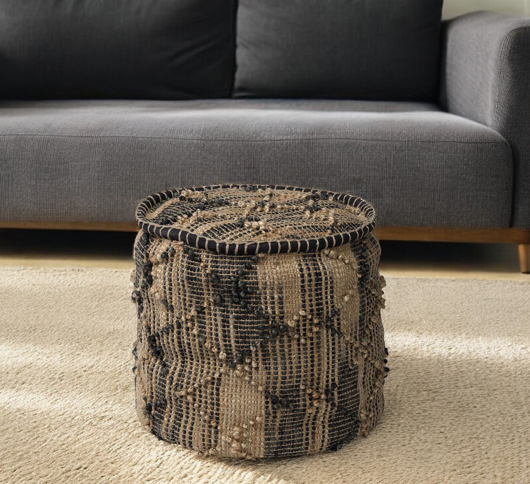 20" Jute Cylinder Geometric Pouf Ottoman-Ottomans-DECOROLALA