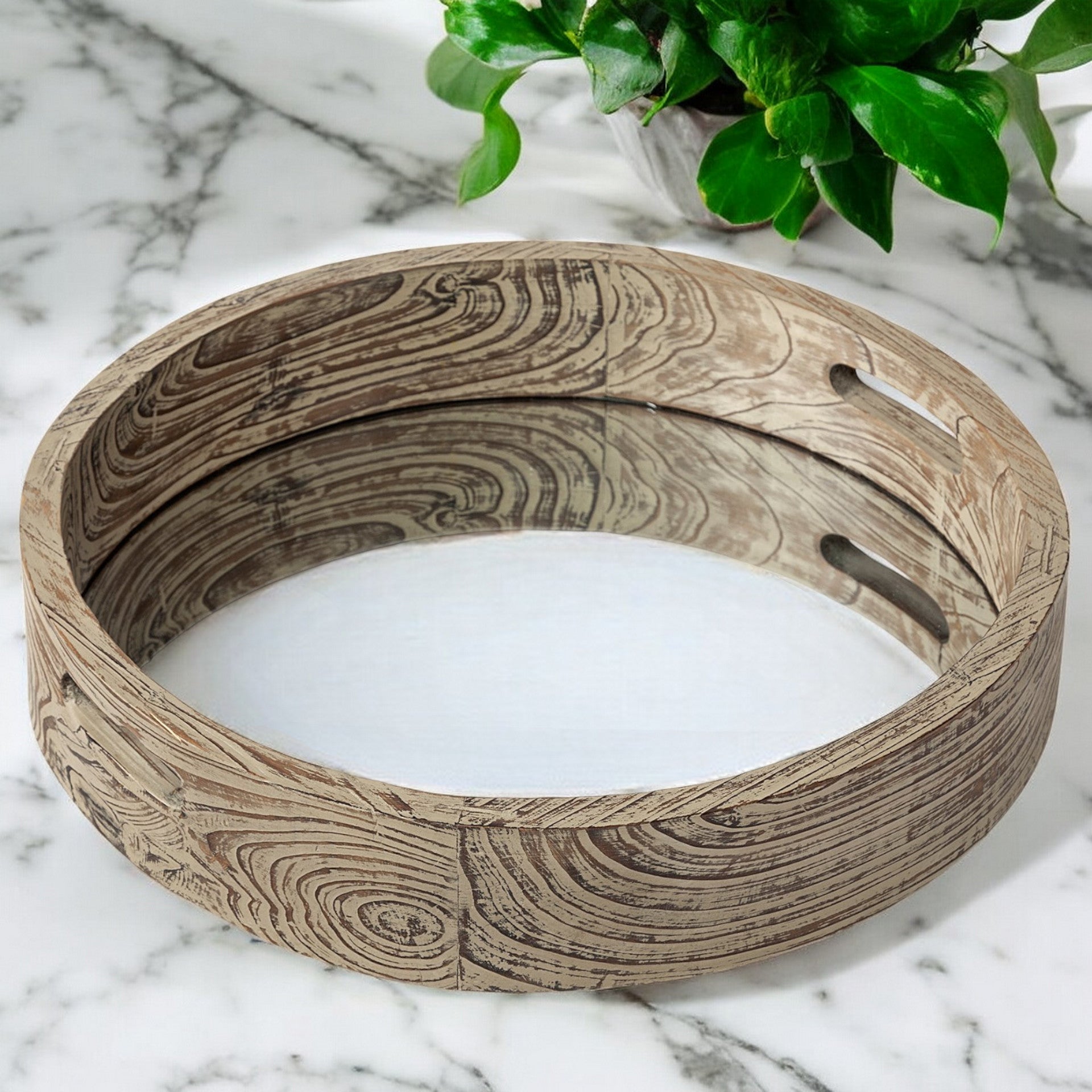 20" Light Brown Round Wood Indoor Outdoor Serving Tray With Handles-Trays-DECOROLALA