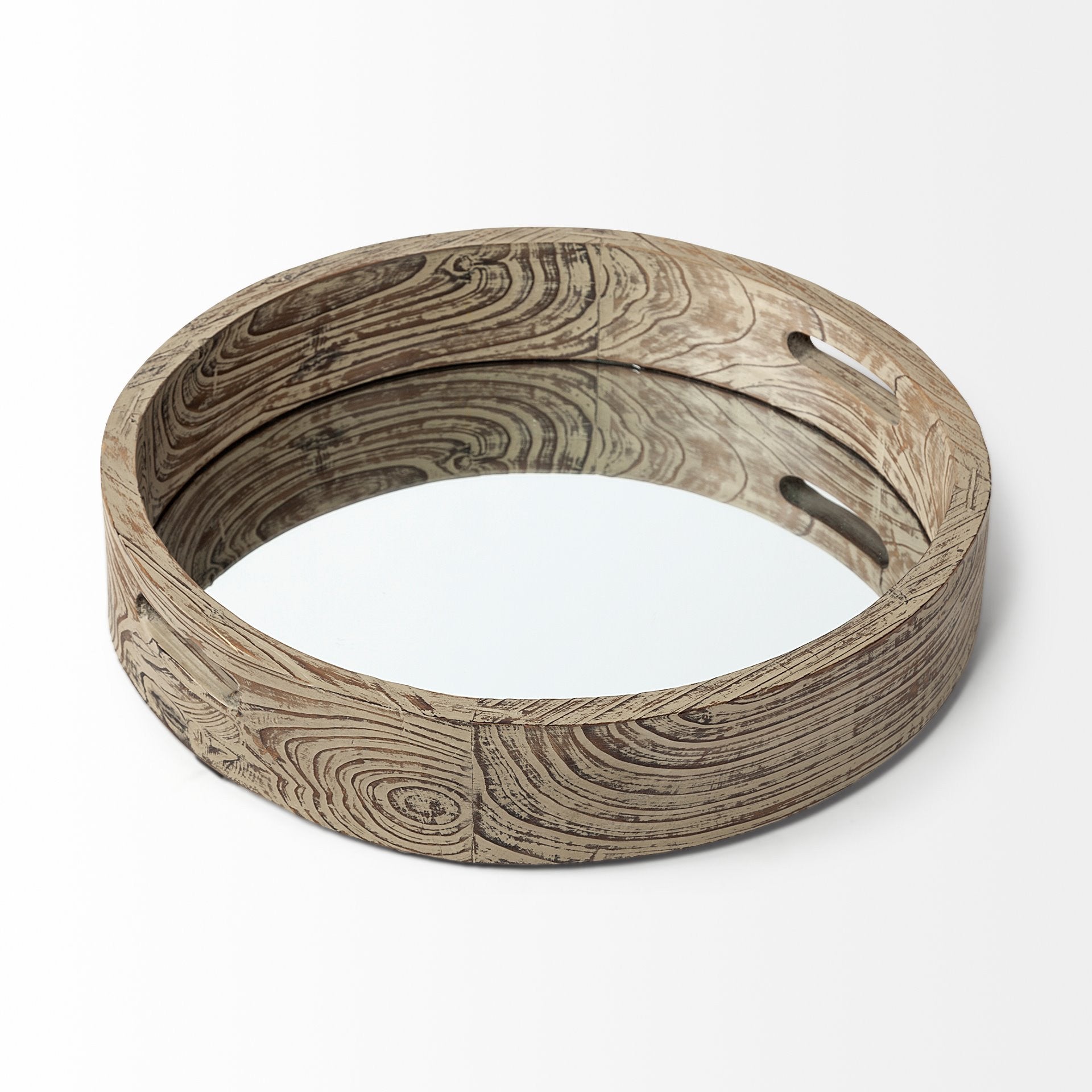 20" Light Brown Round Wood Indoor Outdoor Serving Tray With Handles-Trays-DECOROLALA