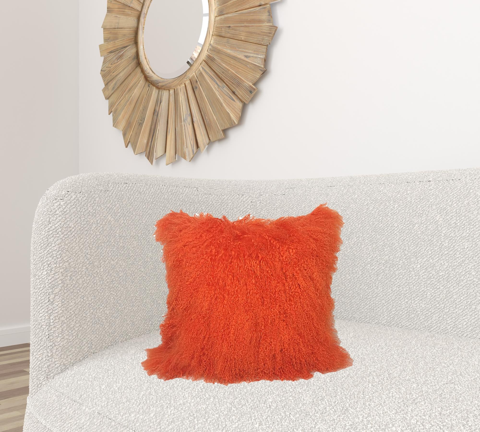 20" Orange Genuine Tibetan Lamb Fur Pillow With Microsuede Backing-Accent Throw Pillows-DECOROLALA